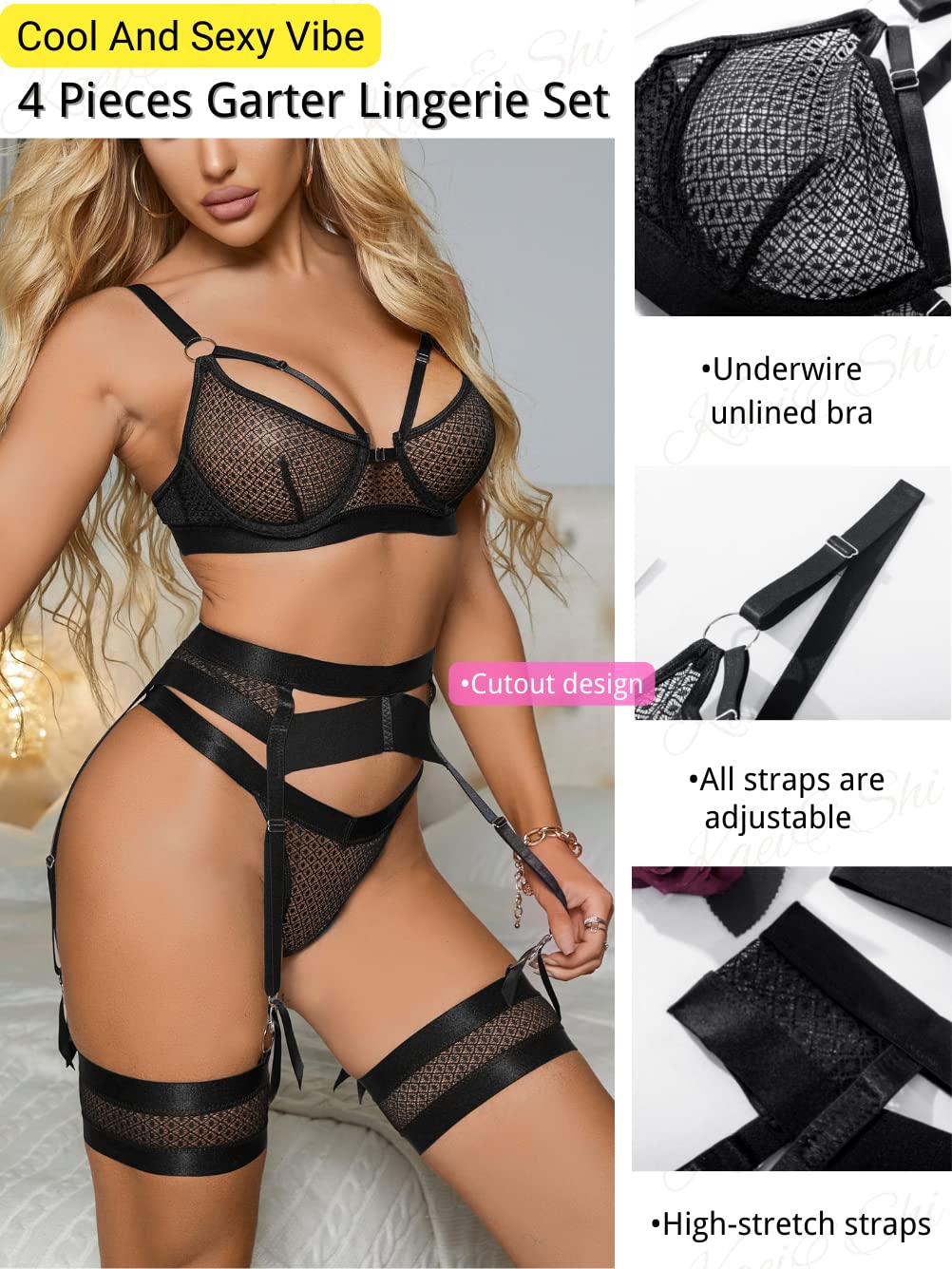 Garter Lingerie for Women,Sexy Lace Lingerie,Sheer Matching 4 Piece Lingerie Set: 14 Black Fishnet