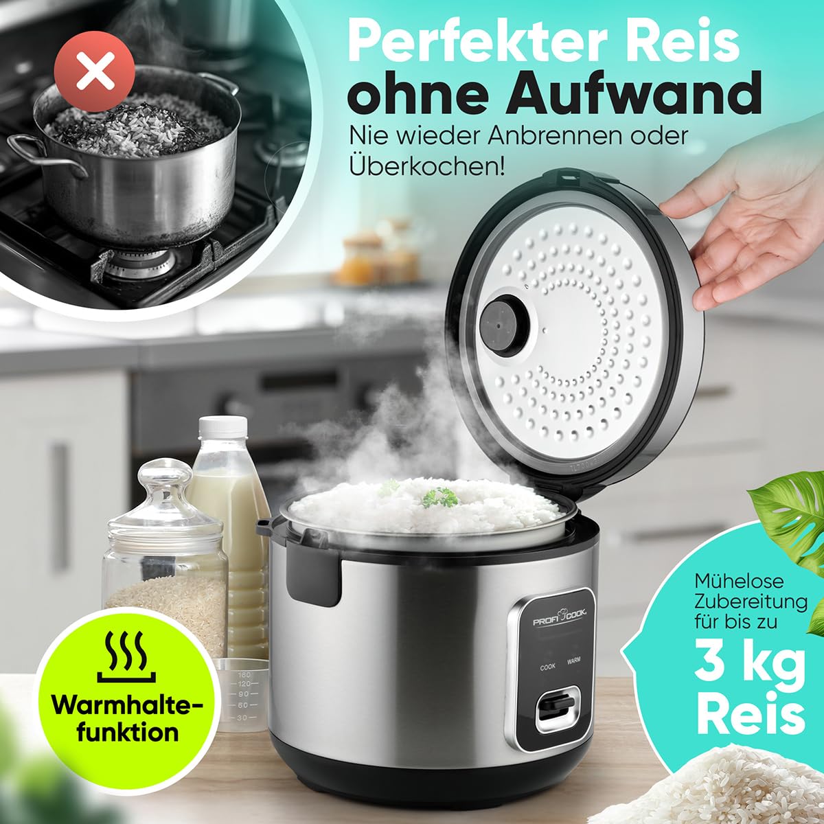 ProfiCook® Reiskocher für 3kg Reis | schnelle Zubereitung ohne Anbrennen | Warmhaltefunktion | inkl. Messbecher & Reislöffel | Rice Cooker mit Antihaft | Reiskocher mit Dampfgarer | PC RK 1285