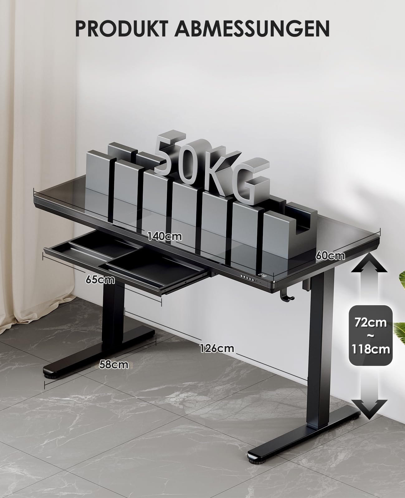 OffiGo Szklane Biurko Regulowane Z Szufladami, 140 x 60cm, Czarny | Elektryczne Biurko Regulowane Wysokością, z USB i Type-C, Szufladami do Biura i Domu