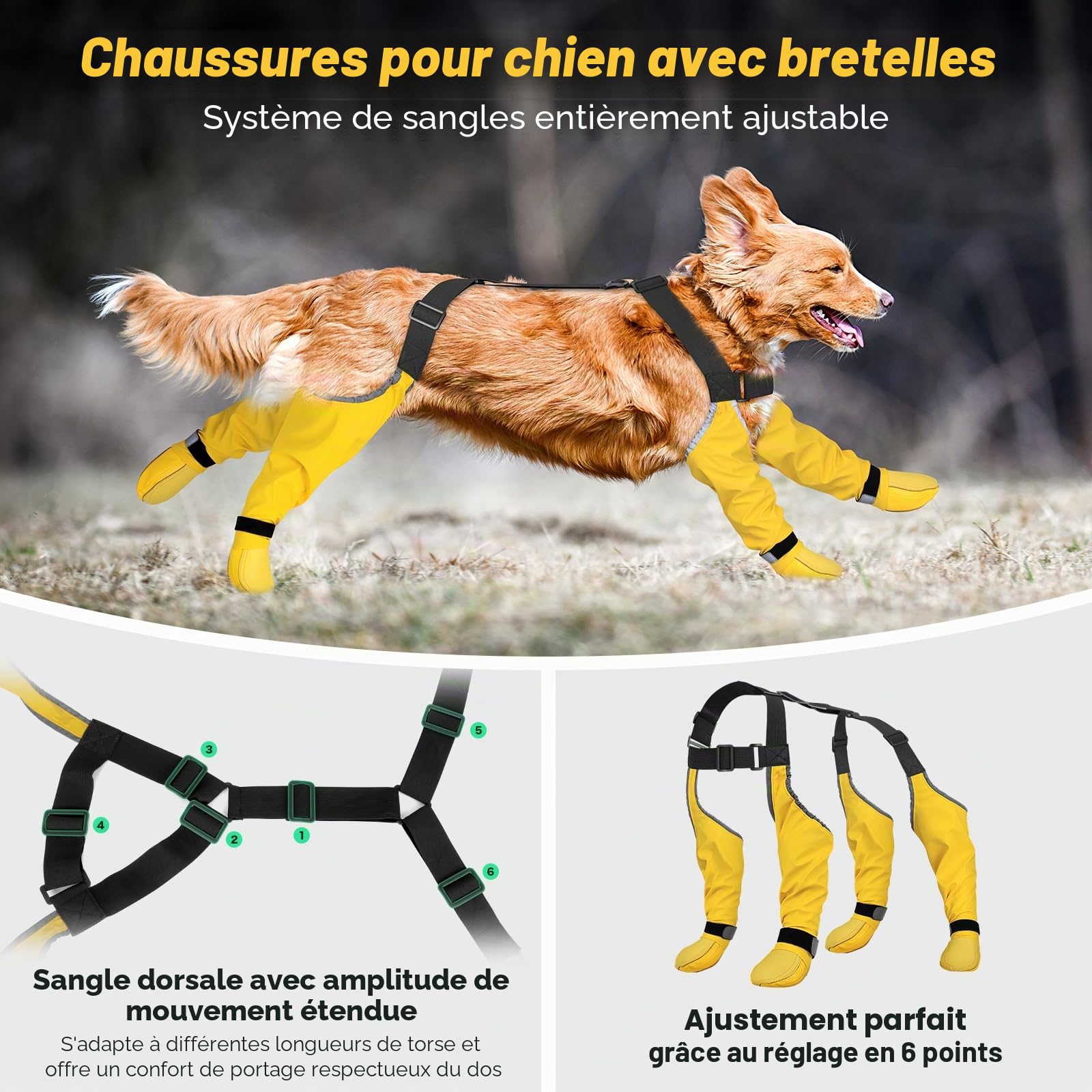 DQGHQME Chaussures à Bretelles pour Chien, résistantes à la poussière et antidérapantes, réglables en 6 Points, idéales pour Le parquet et la Neige, avec réflecteurs à 360° pour Les Pattes.