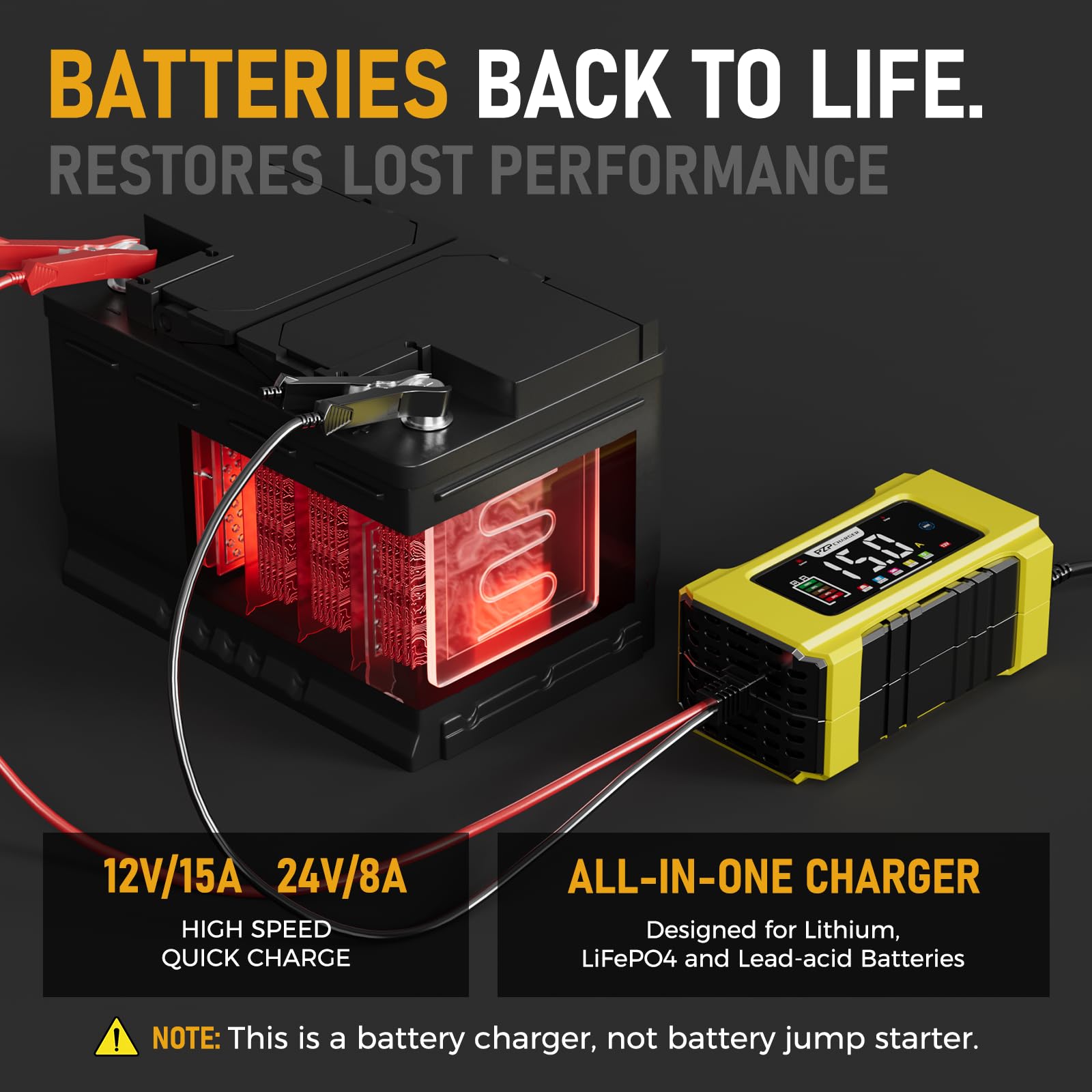 PZP - Caricabatterie intelligente da 15 A, 12 V/24 V, per LiFePO4, batterie al piombo acido, ricarica completamente automatica a 9 stadi con compensazione della temperatura per moto, auto, camion