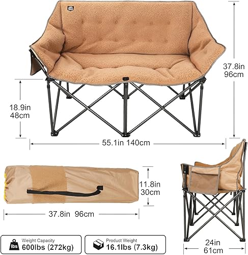 Miniatura 2 de Sillas de campamento dobles plegables de gran tamaño, soporta 600 libras, cómodo sofá biplaza portátil para adultos con bolsillo de malla, sofá de