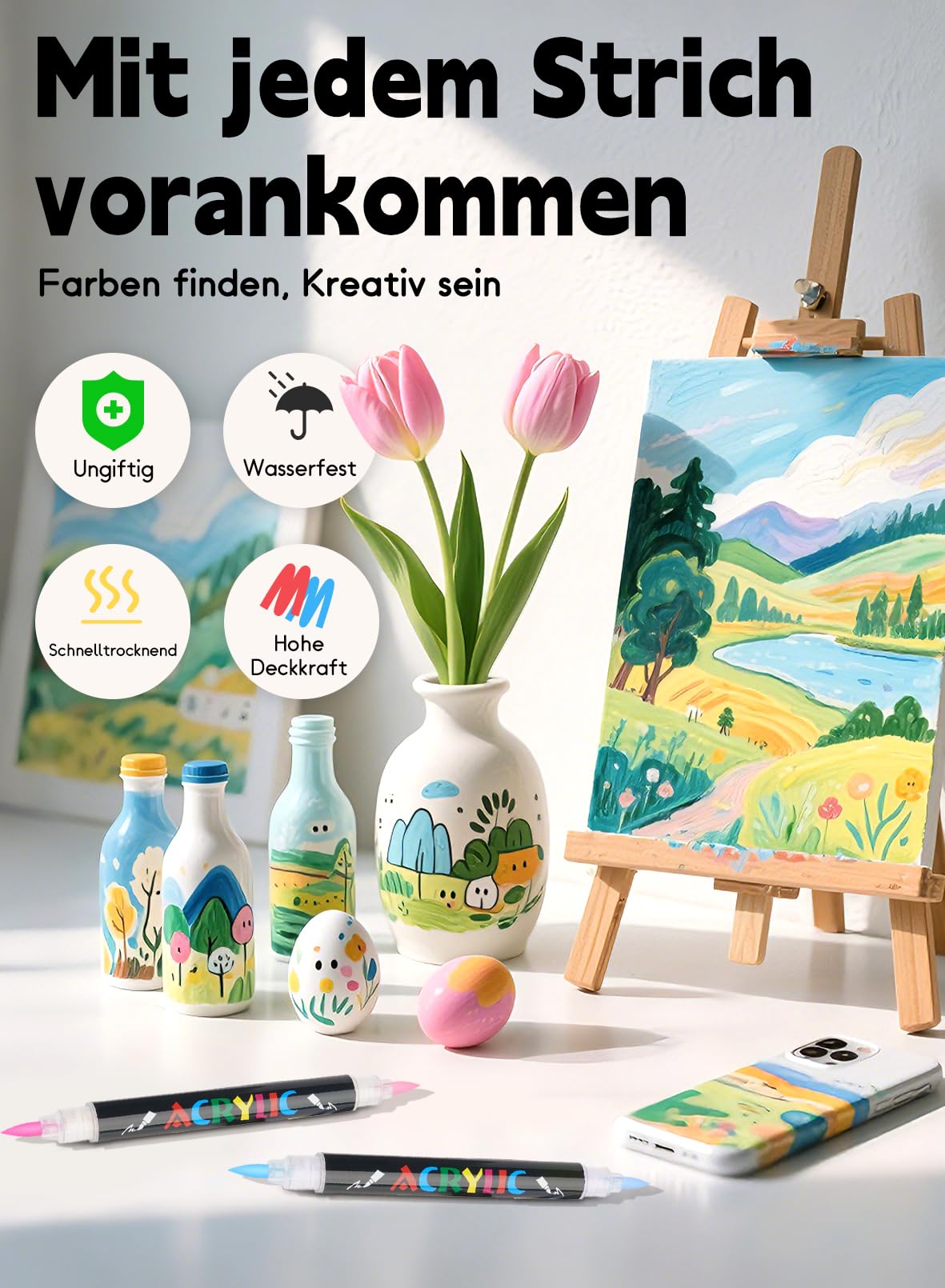 AEDAGA 60 Acrylstifte mit App, 120 Farben Doppelspitze Acrylic Marker Set | Automatische Tintensteuerung | Vielseitig einsetzbar | Farbcode | Starke Deckkraft | Acrylmarker für Leinwand, Glas, Keramik