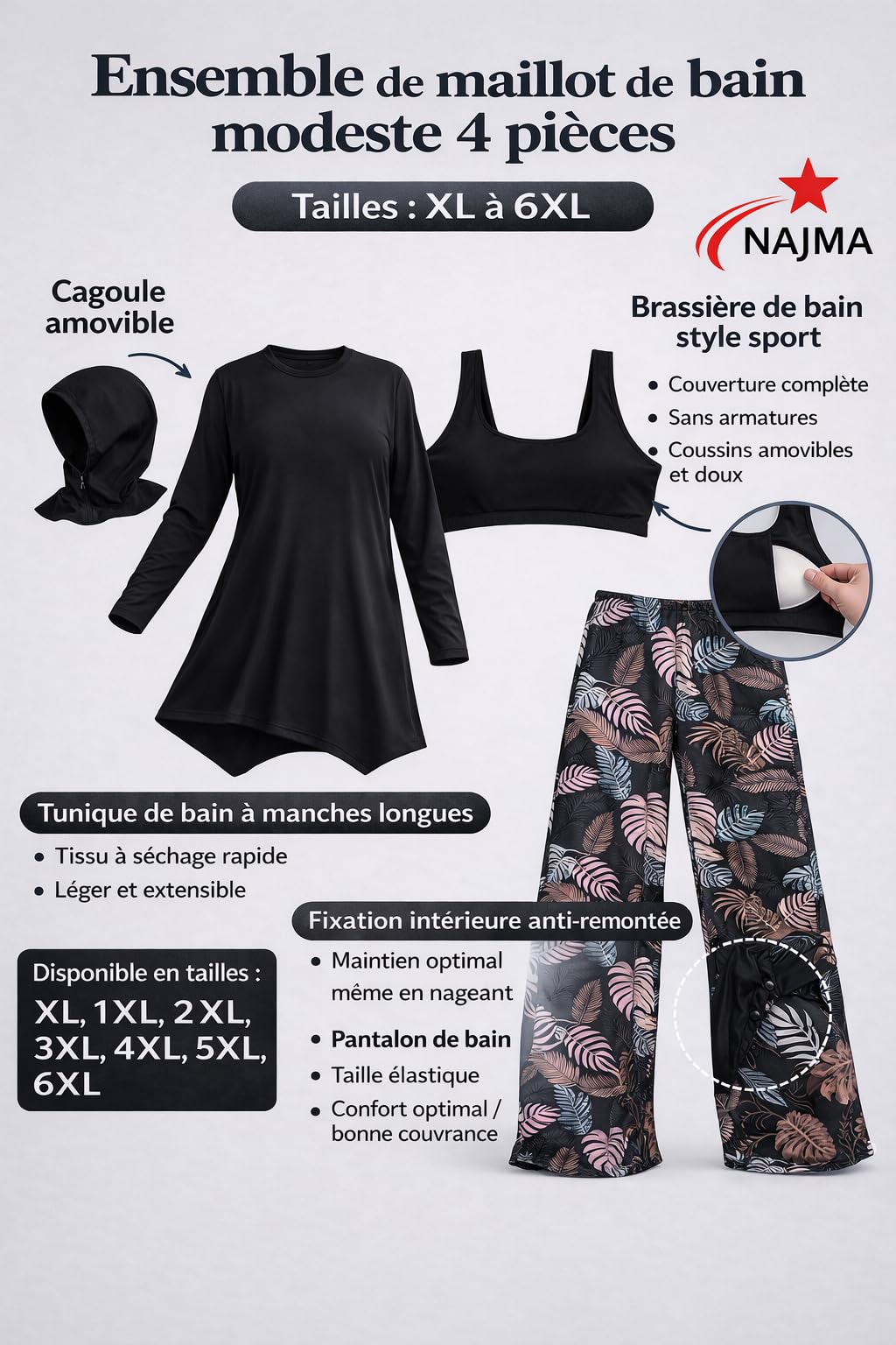 Burkini - Traje de baño modesto de 4 piezas con hijab - traje de baño islámico alto largo largo