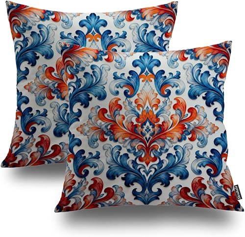 Shrahala Blue Orange Vintage Throw Pillow Cover, Paisley Floral Blue Orange Ornamental Seamless Vintage Square Pillowcase Blended Double-Sided No