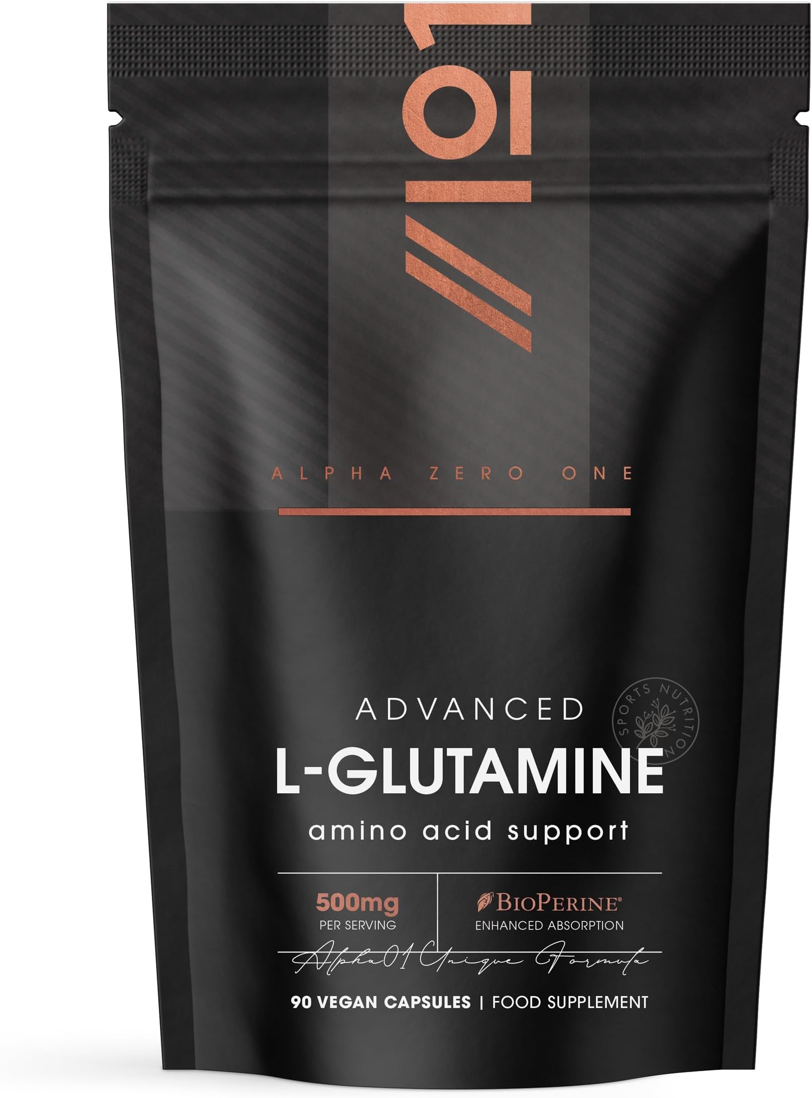 L-Glutamine 500mg with BioPerine® – 90 Vegan Capsules – Fermented Amino Acid Supplement - Resealable and Recyclable Pouch by Alpha01