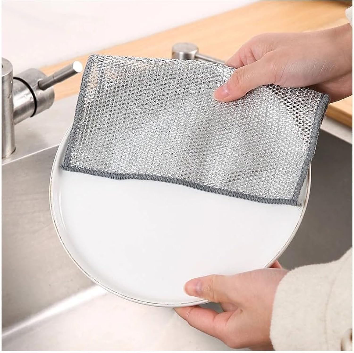 Multipurpose Reusable Wire Dish Scrubber Dishwshing Rag All Purpose Kitchen Towel Quick Cleaning Kitchen Bowl Stove Sink Pot Pans Counter Grease Grime Residue Descaling Scrubbing Mesh Cloth 4 PCS