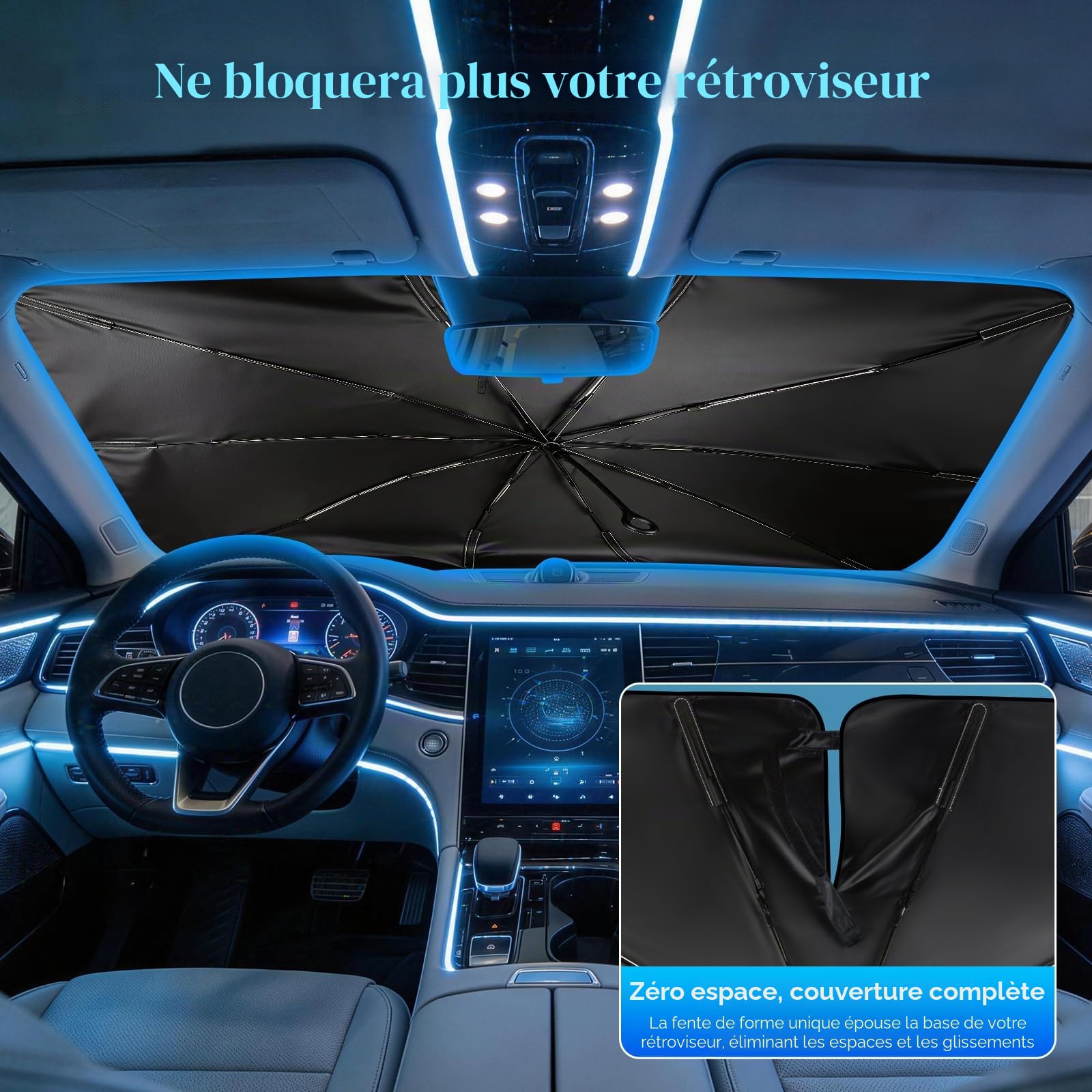 Pare-Soleil Voiture Pare-Brise Avant, 145x85cm Grande Taille,Protection UV & Anti-Chaleur Pliable Poignée rotative elliptique, avec Découpe pour Rétroviseur – Idéal pour SUV et pour Voiture.