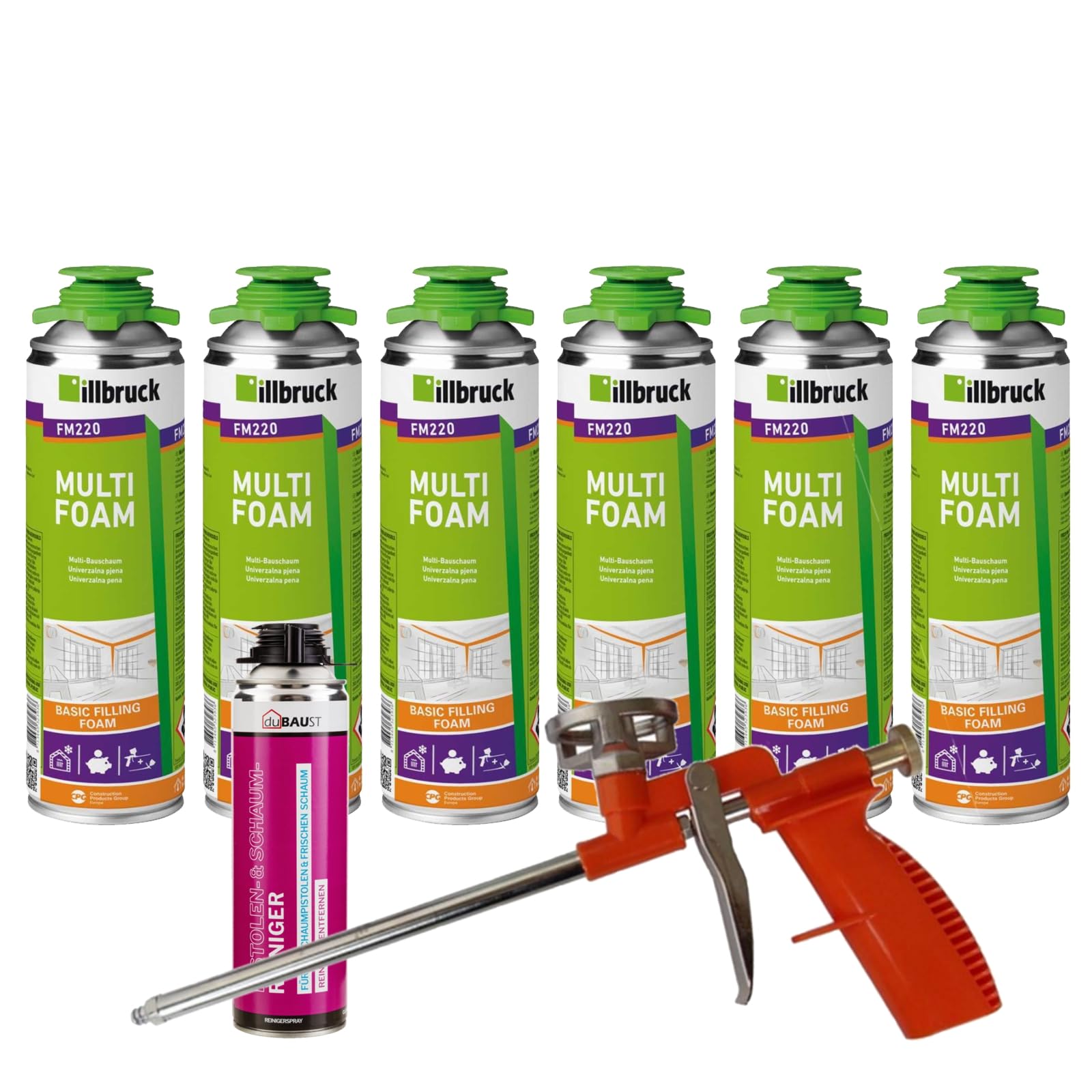FM220 Bauschaum Montageschaum Pistolenschaum Multischaum Fensterschaum hohe Schalldämmung Wärmedämmung 500ml Kombisets (mit Reiniger AA290 + Schaumpistole Compact, 6x 500ml)