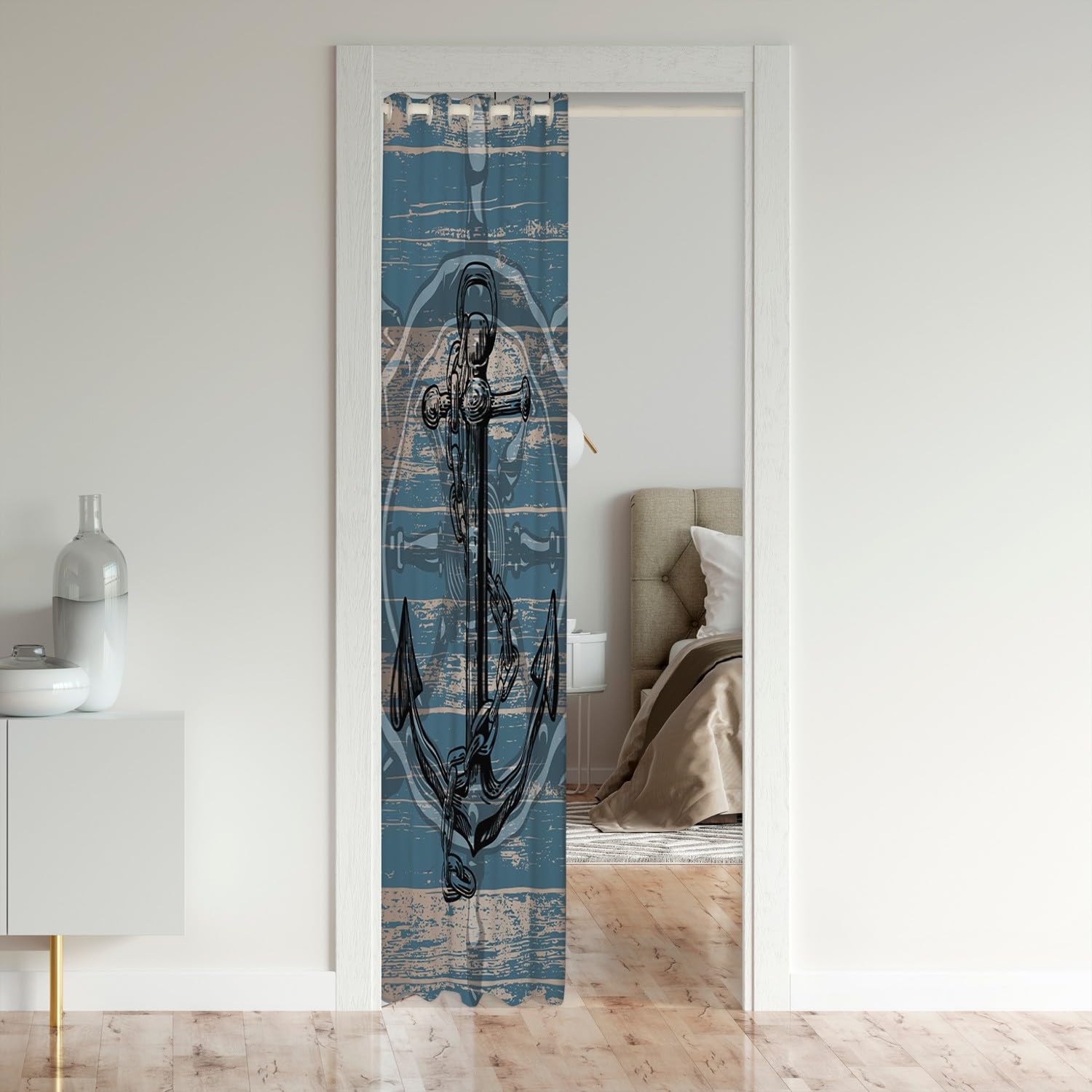Rideau de séparation de pièce avec ancre noire - Rideau de porte nautique pour porte d'intimité pour enfants, garçons et filles - Panneau de porte en bois bleu marine - Pour chambre à coucher, salon,