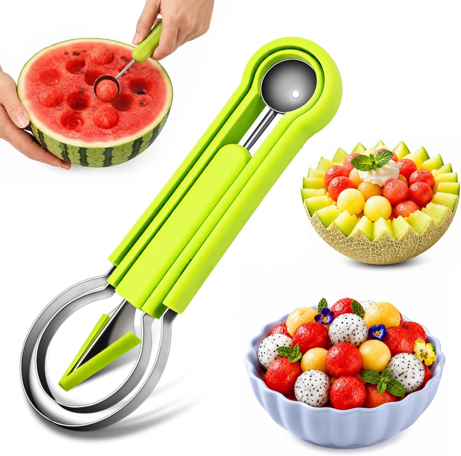 Suuker 4 in 1 Melon Baller Scoop Set, Green | Stainless Steel, Fruit Cutters Shapes, Watermelon Scooper and Baller, Fruit Carving Tools