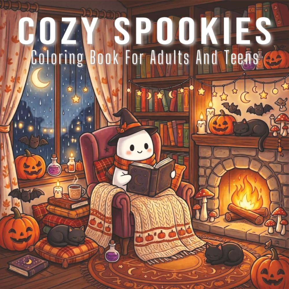 Cozy Spookies Coloring Book for Adults: Cozy Spooky Moments Featuring Kawaii Monsters, Haunted Cottages, and Magical Autumn Vibes