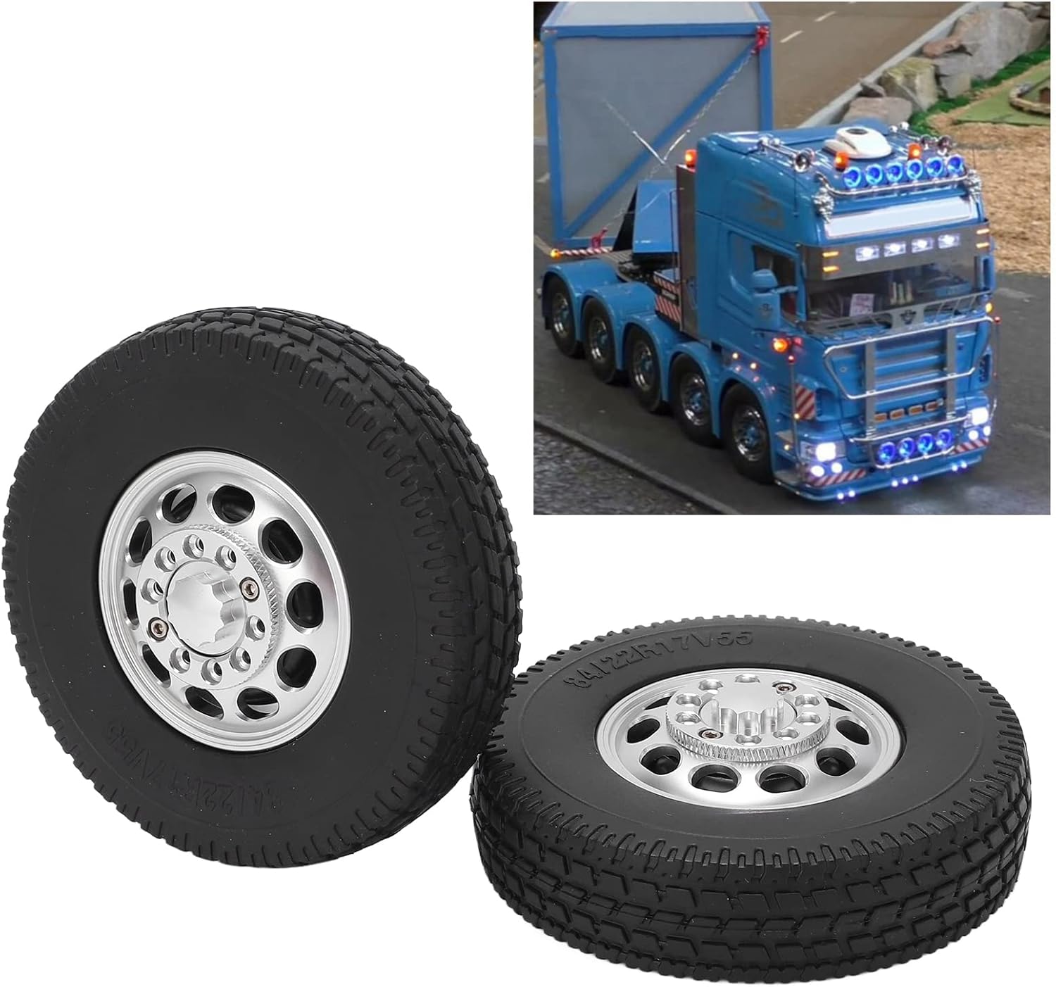 Front Hub with Rubber Tires 2Pcs RC Car Rubber Tire Aluminum Alloy Front Hub with Rubber Tires Upgrade Parts for 1/14 Tractor Truck Front Wheel Black