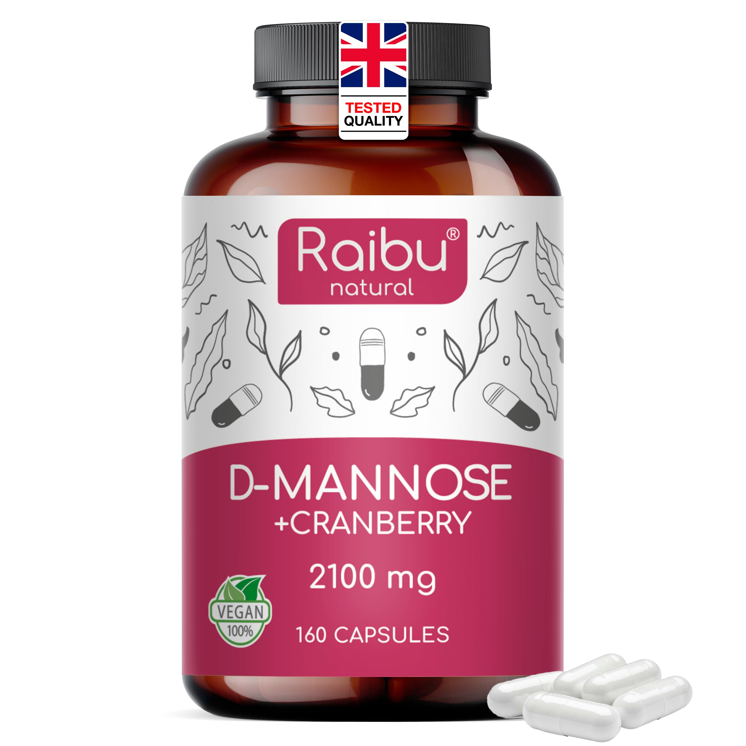 – D Mannose 2100 mg Complex - High Strength D- Mannose with Cranberry & Vitamin C for Urinary Tract & Bladder Health - 160 Capsules, Raibu