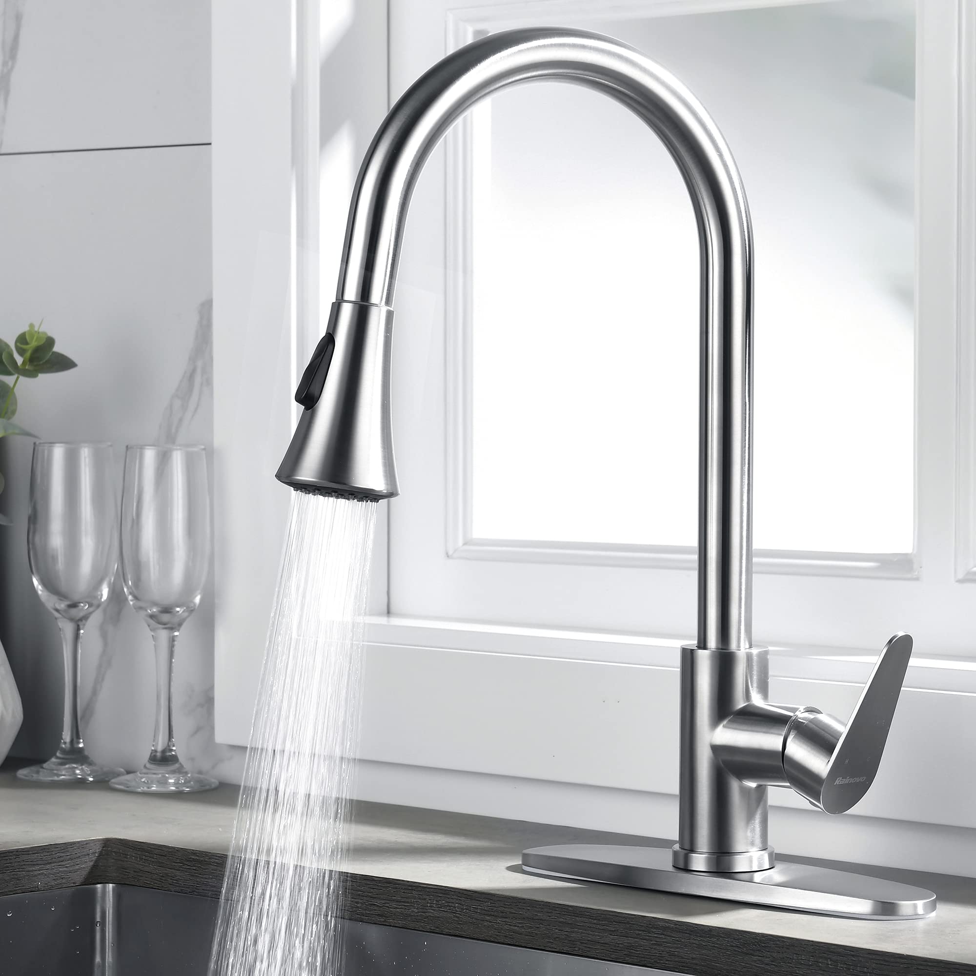 Buy Rainovo Kitchen Faucet with Pull Down Sprayer Brushed Nickel, 3