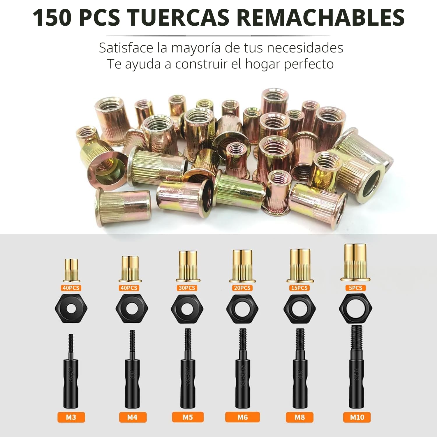 HARDELL Remachadora de Tuercas, 14" Remachadora Manual Con 150pcs Remachadora Tuercas, y 6 Mandriles Intercambiables M3 M4 M5 M6 M8 M10, Naranja