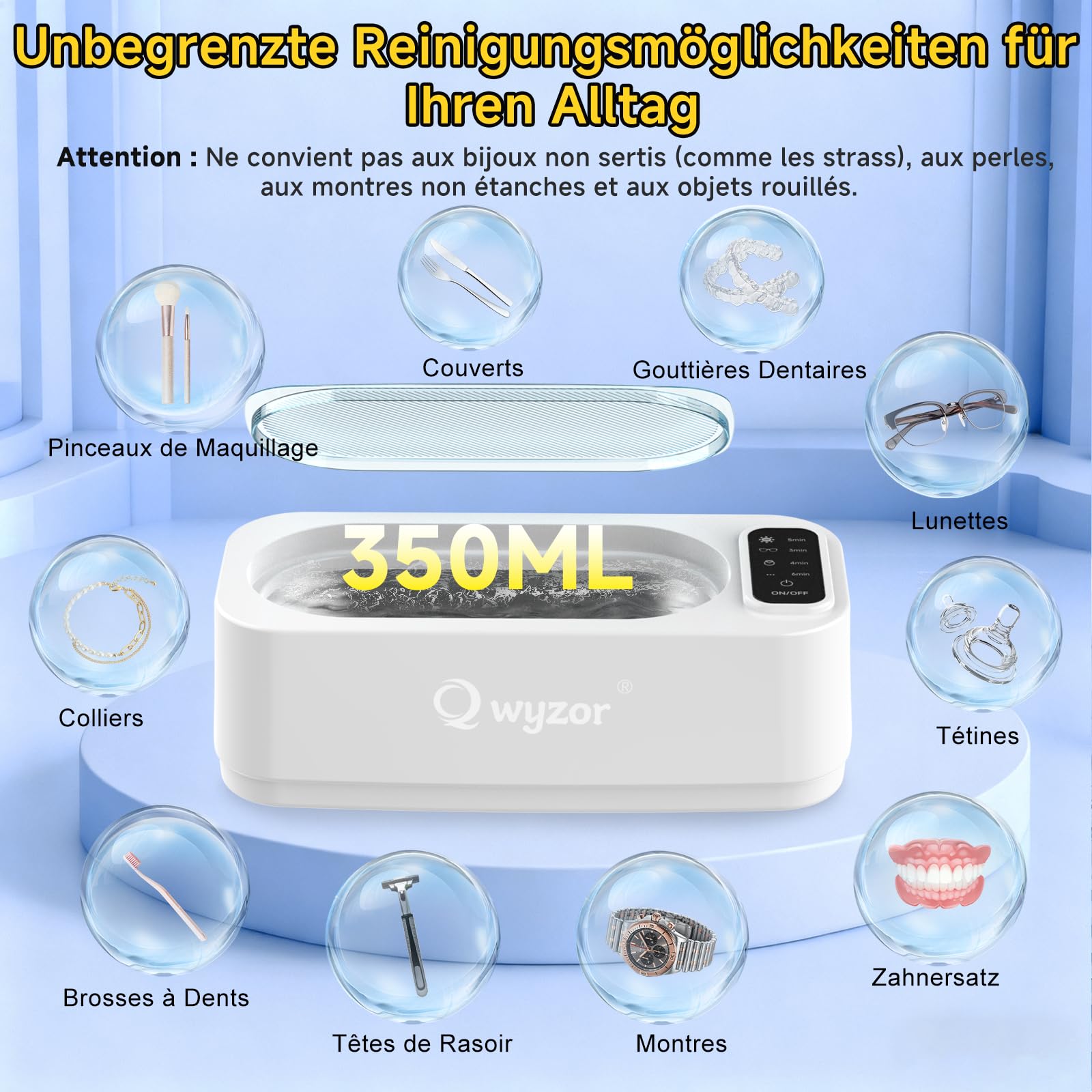 Nettoyeur Ultrasons, 55000Hz Bac a Ultrason, 350ml Ultrasonic Cleaner avec Écran LED, 4 Modes Nettoyeur Ultrason Bijoux avec Lumière UV pour Lunettes, Appareils Dentaires, Montres, Bagues et Colliers