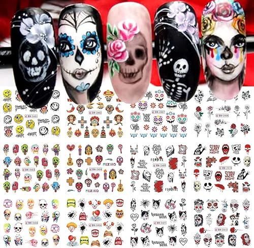 BN-2412 Halloween Skull Nail Art Water Transfer Stickers, 12 Sheets