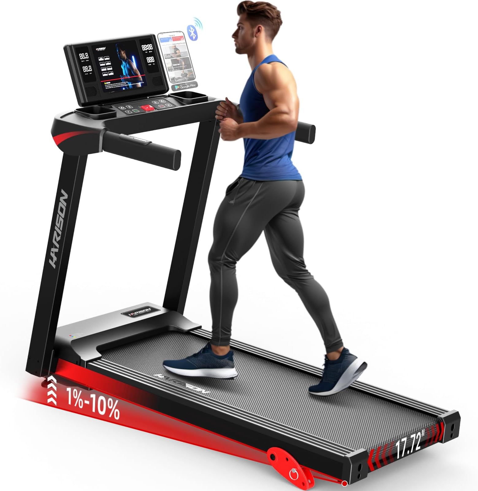 HARISON Treadmill for Home with Incline, 3.0HP Running Machine with 300 lbs Weight Capacity, 17.72" Wide Tread Belt, Bluetooth Speaker