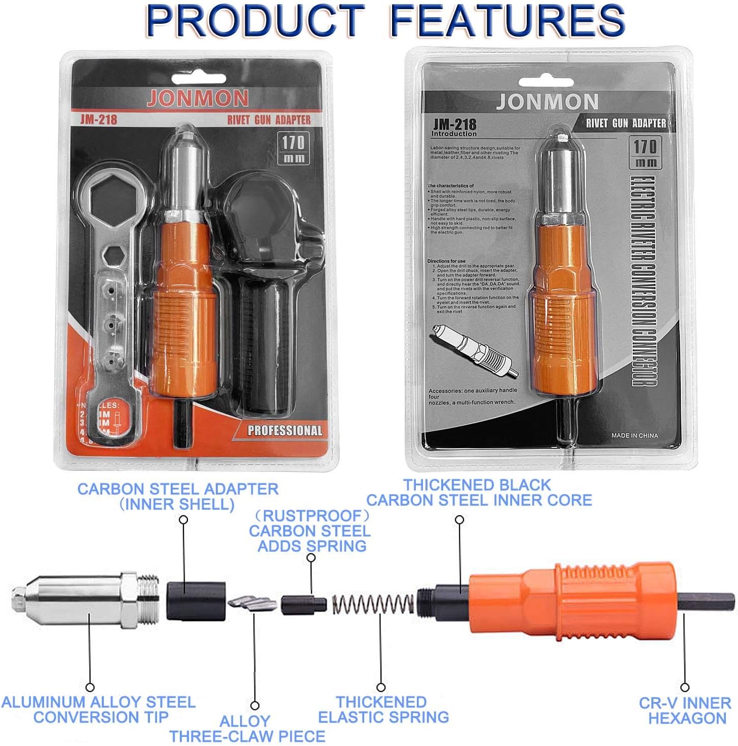 JONMON Electric Rivet Gun Adapter - Cordless Drill Metal Riveter-Blind Riveting Rivet Insert Nut Attachment Power Tool Kit with 3 Rivet Convertible Heads and Handle Wrench