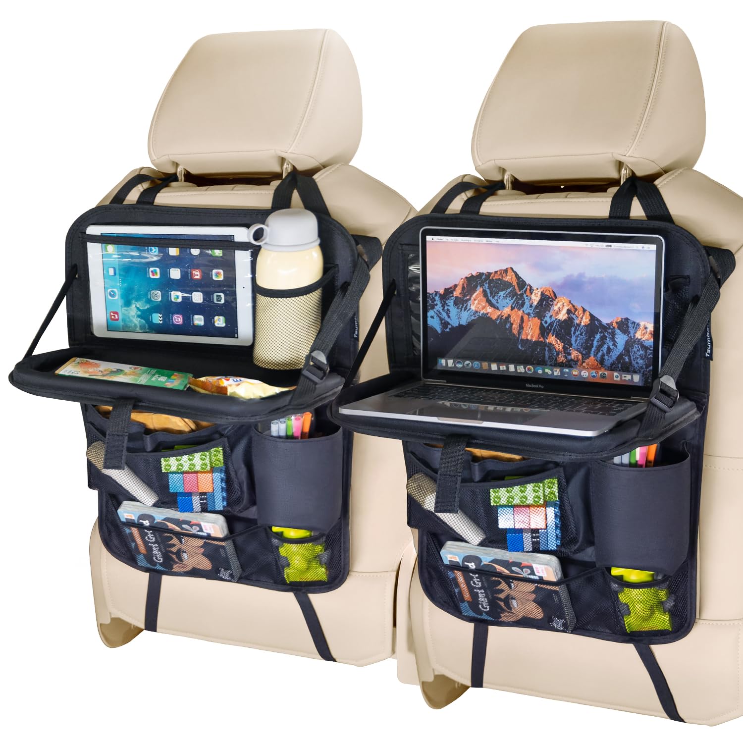 Tsumbay Backseat Car Organizer with Foldable Tray, 9 Pockets, Kick Mat Seat Protector, 18KG Capacity, Waterproof Oxford Fabric for Kids, Family Travel - for Car, SUV, Van (Oxford-2Pck)