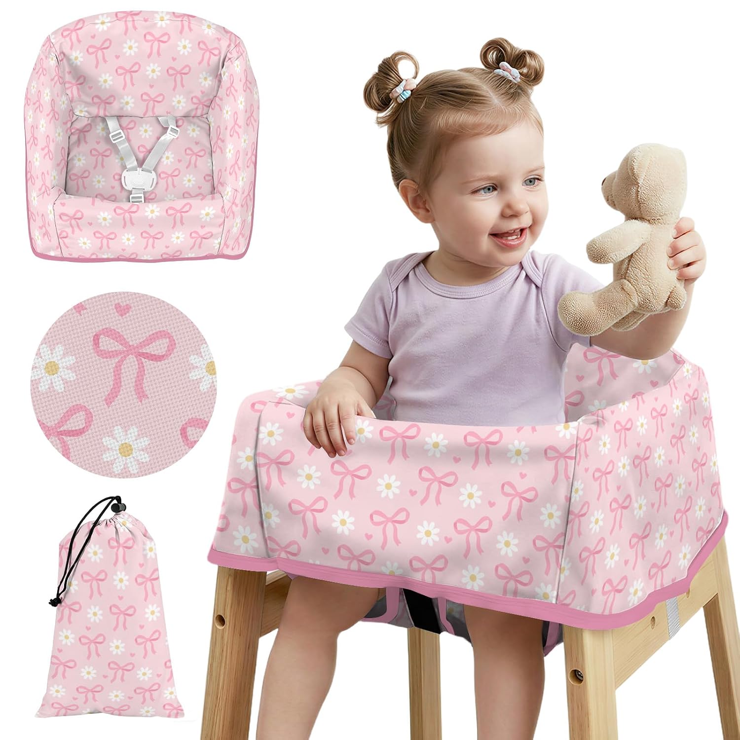 High Chair Cover for Baby, Baby High Chair Cover Restaurant Seat with Strap Pads & 3-Point Harness, Stain Slip Resistant Waterproof High Chair Portable for Eating Travel Home Use, Pink Bow