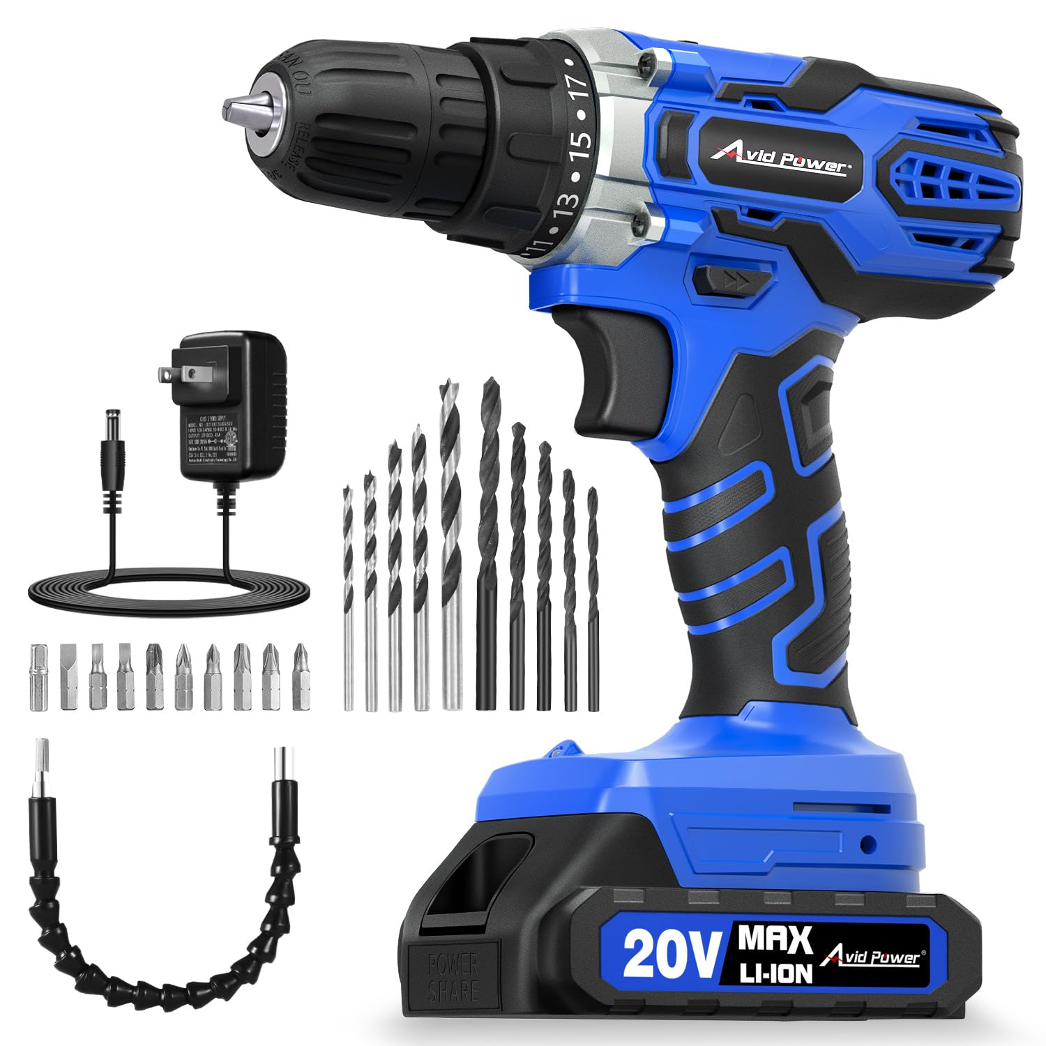 AVID POWER 20V MAX Power Drill Kit, Cordless Drill Set with Battery and Charger, 2 Variable Speed, 3/8-Inch Keyless Chuck, 19 Position and 22pcs Bits