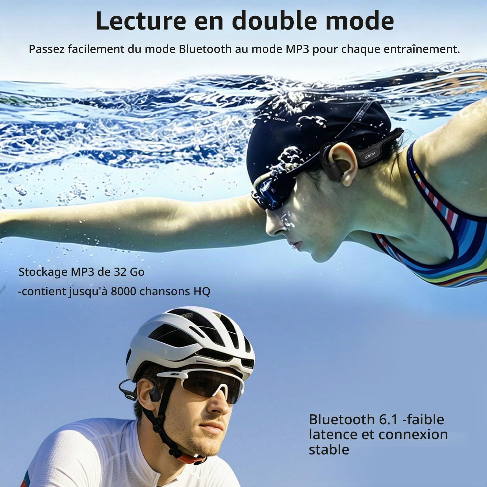 LOBKIN Casque Conduction Osseuse et Aérienne, IP68 Écouteur pour Natation, Casque sans Fil Ouverte Bluetooth 6.1, Réduction ENC et 32 Go MP3, pour la Natation, Le Sport et Le Fitness | Hybride Osseuse+Aérienne pour Son Immersif. ENC Réduit Bruit pour Appe