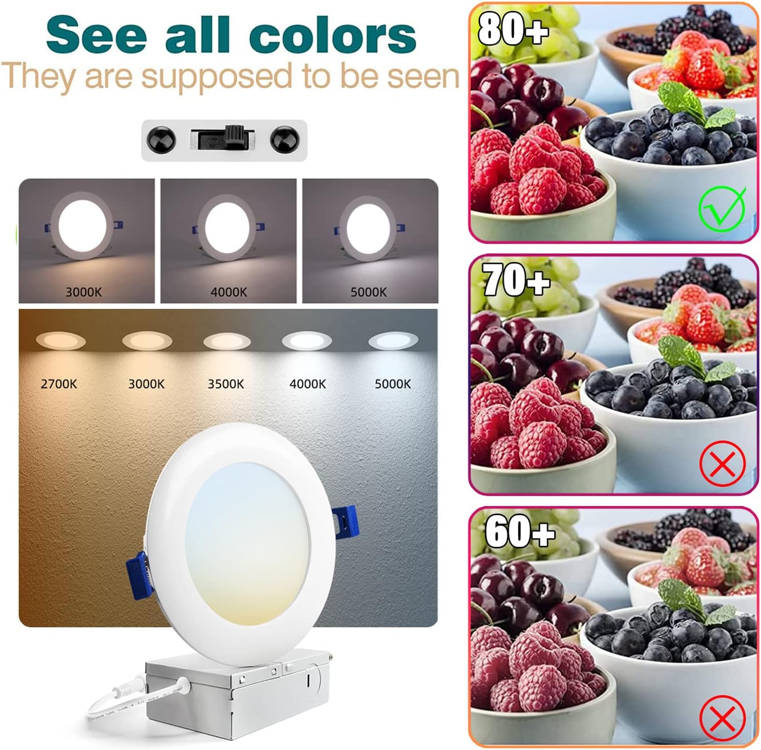 12-Pack LED Ultra-Thin Ceiling Light,Recessed Lighting 6 inch with Junction Box,5CCT 12W(110W Eqv) 1050LM Dimmable LED Downlight