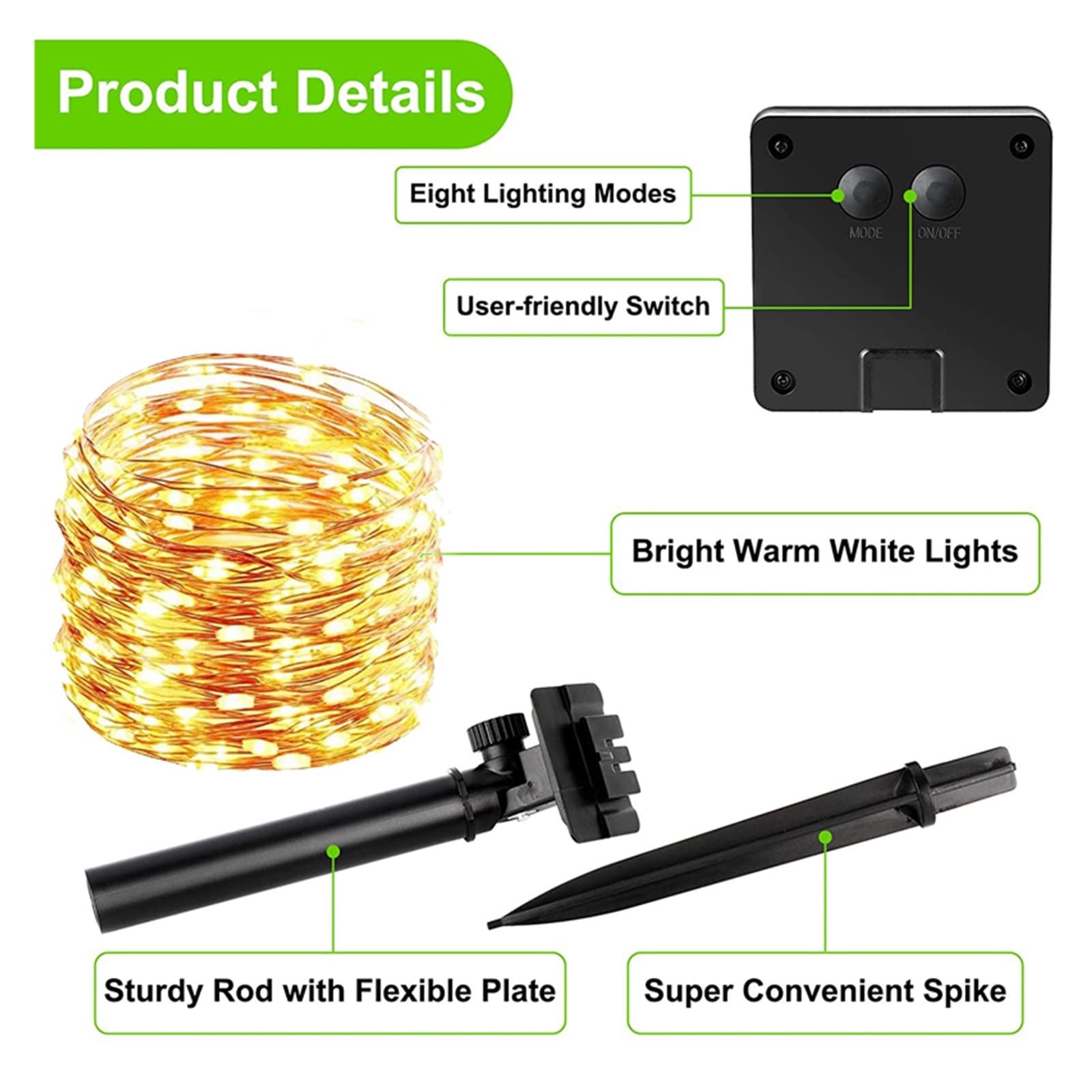 Luces de jardín 7 m / 12 m / 22 m Luz LED solar Adorno para exteriores Lámpara LED Luces solares para jardín Guirnalda de hadas impermeable para exteriores Cadena Luces navideñas (Color: blanco cáli