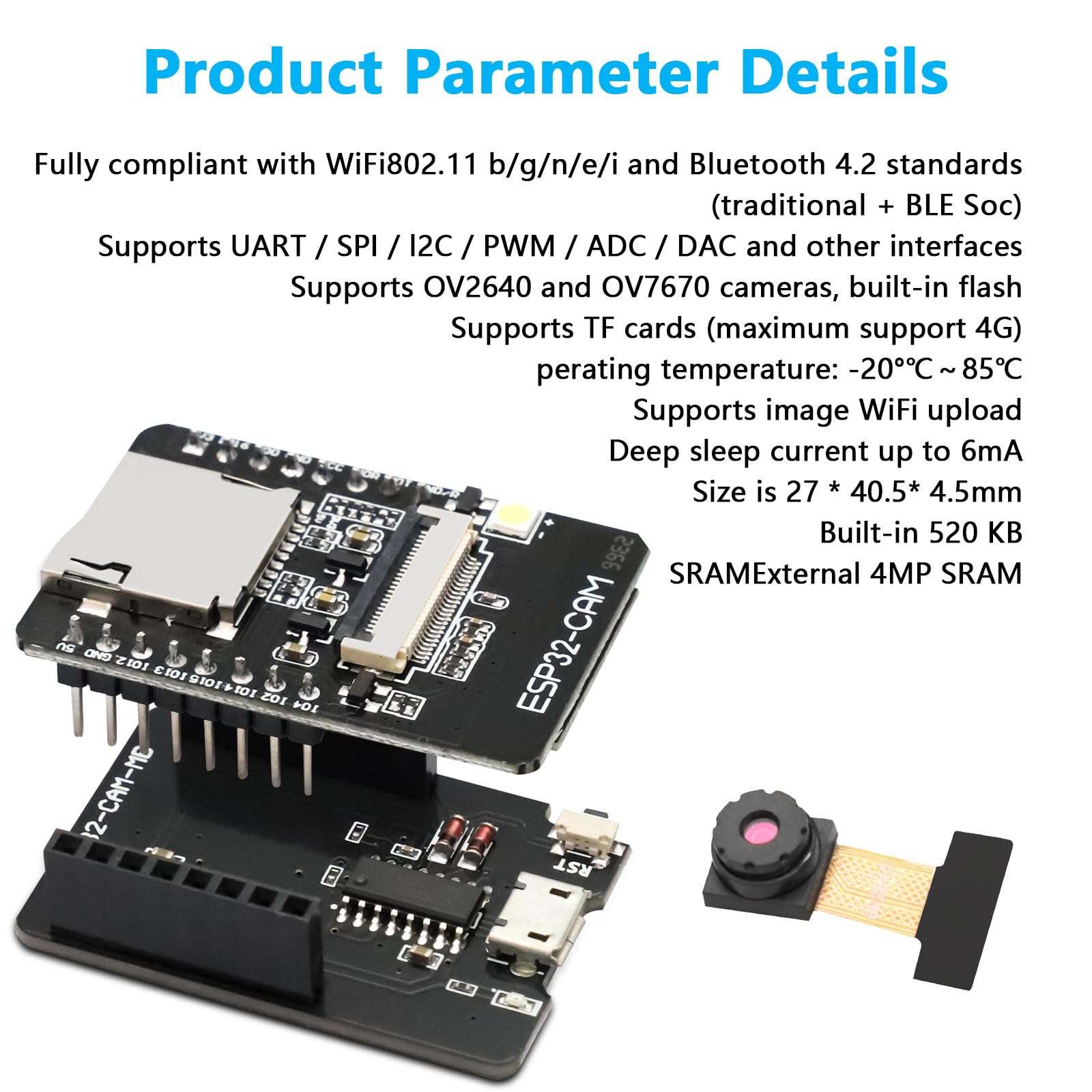 ESP32-CAM Carte de développement WiFi Bluetooth Dual Core avec caméra OV2640, TF Caméra, Micro USB, Compatible Arduino (3PCS)
