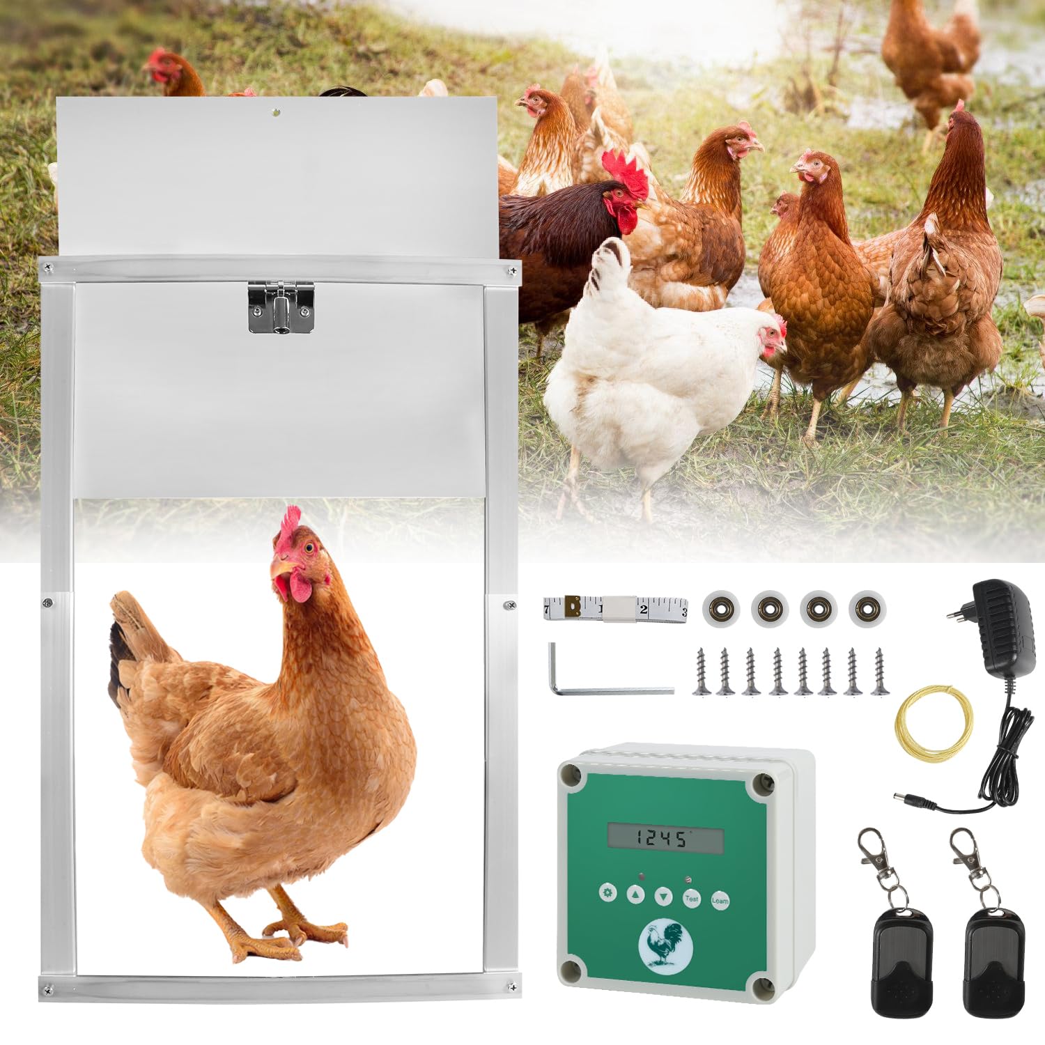 Sonnewelt Puerta de gallina automática con corredera de 30 x 30 cm, puerta de gallina de aluminio con sensor de luz y control de tiempo manual puerta de gallinero