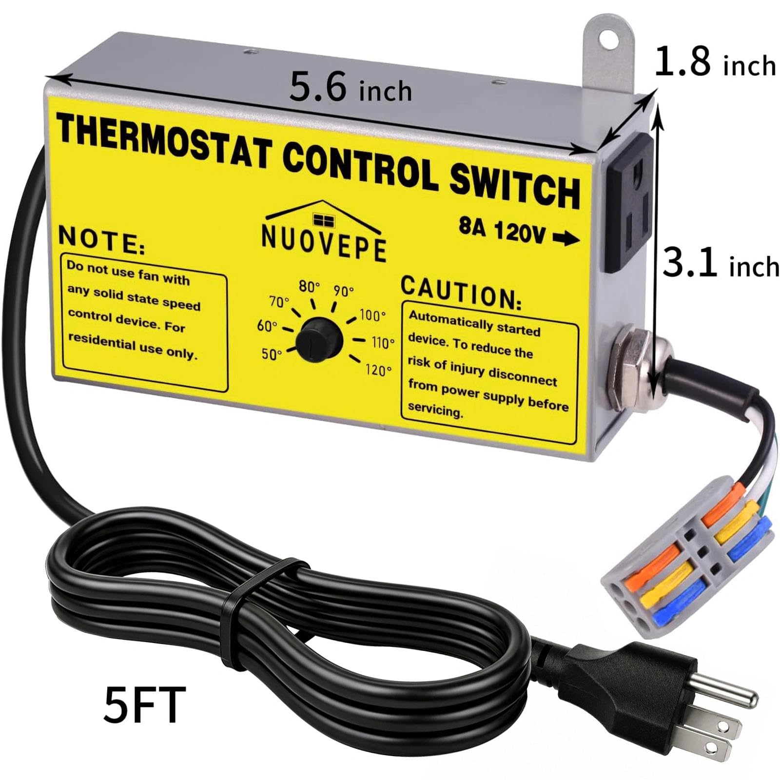 Termostato di controllo della ventola da soffitta con presa e connettore a filo, termostato plug-in regolabile con protezione da sovraccarico, controller compatibile con doppia ventola per
