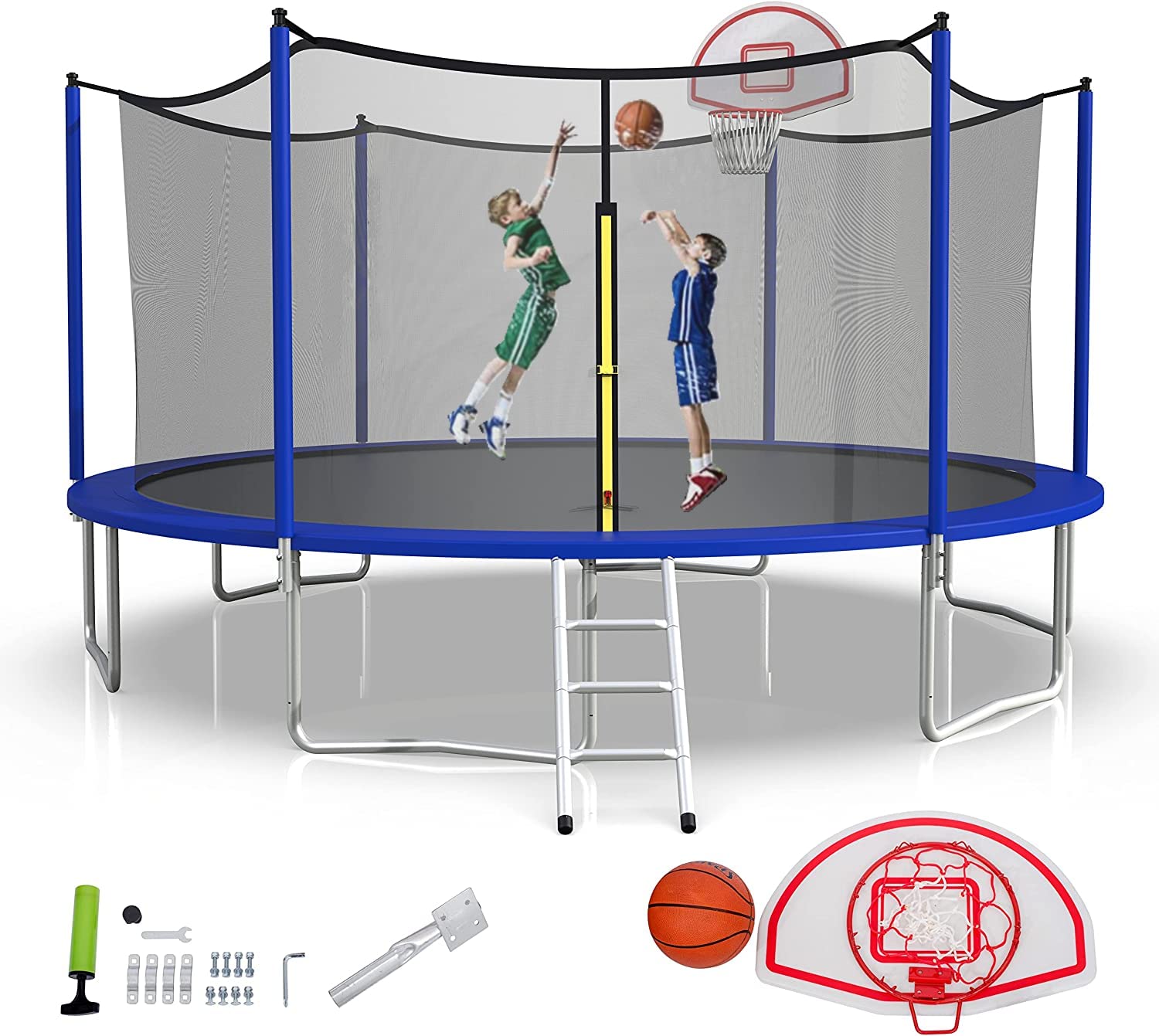 (box 2 of 2)EMKK Trampolines 16FT Jump Recreational Trampoline with Enclosure Net & Basketball Hoop & Ladder-Metal,Safe Outdoor Trampoline for Kids Adults, Suitable for Backyard Park