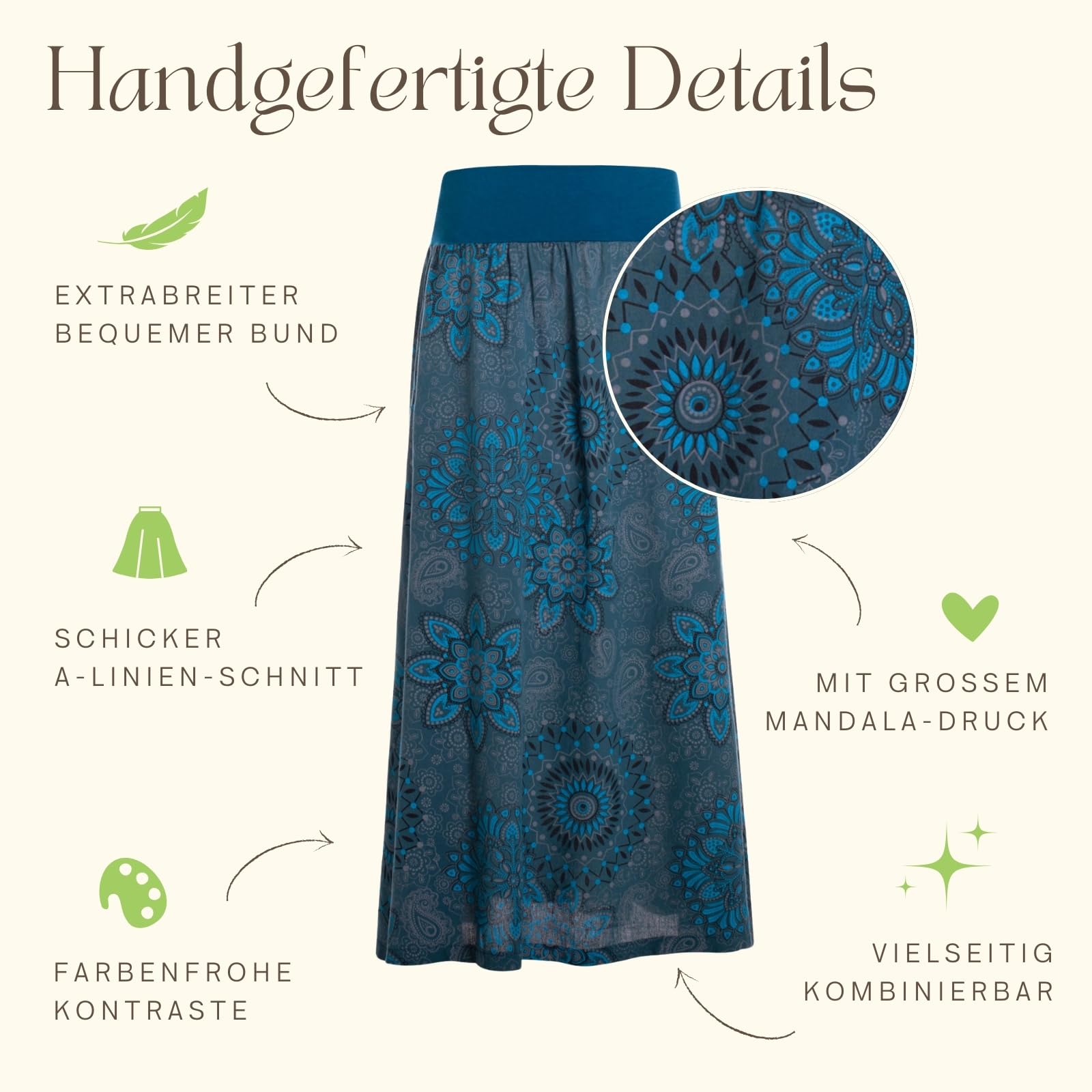 Vishes Langer Damen Herbstrock mit Mandalas I Größe 34-48 I Handgefertigt aus 100% Baumwolle I Rock mit breitem Bund I Für warme & kalte Monate I Nachhaltige Alternative Bekleidung