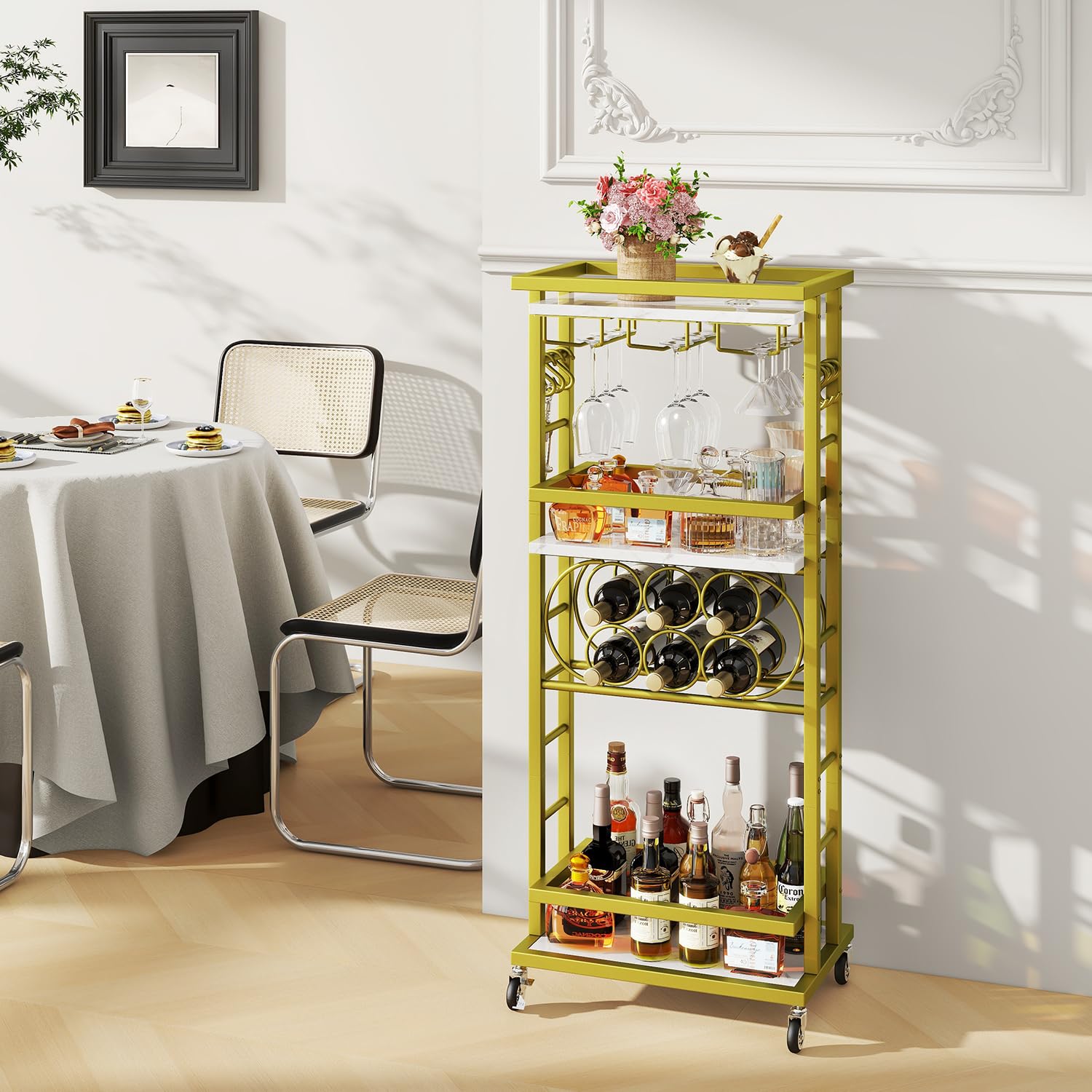 IBUYKE Botellero Vino con Ruedas, Carrito Bar 4 Niveles, Mini Bar rodante Blanco