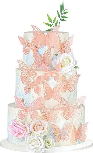 Miniatura 1 de Gyufise Paquete de 36 adornos de mariposa 3D con purpurina rosa para cupcakes, decoración de pastel de mariposa hueca para cumpleaños, boda, fiesta