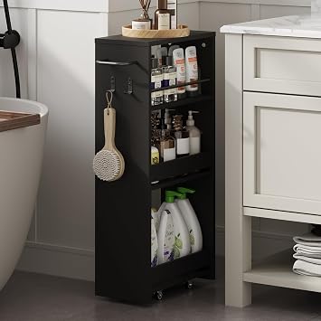ChooChoo 4-Tier Slim Storage Cart, 7.87 inches Wide Narrow Storage Cabinet with 360 Wheels and 2 Hooks, Space-Saving Organizer for Kitchen, Narrow Places, Laundry Room, Black