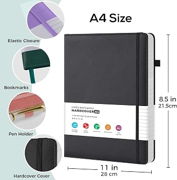 Notebook Journal A4, 2 Pack Black A4 Lined Notebook Hardback, 100GSM Thick Paper, No Bleed, PU Leather Large Notepads for Men/Women Work, for Office School Supplies, 21.5 x 28 cm