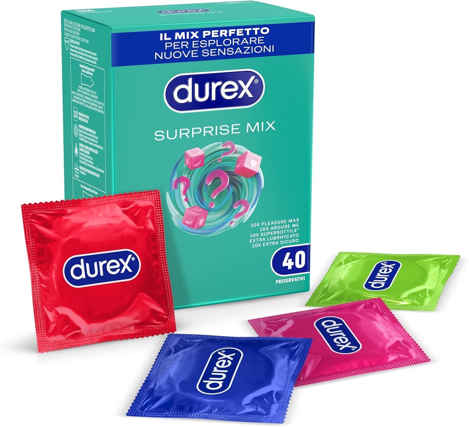 Durex Surprise Mix Preservativi Assortiti, Con Rilievi e Nervature e Sottili, 40 Profilattici