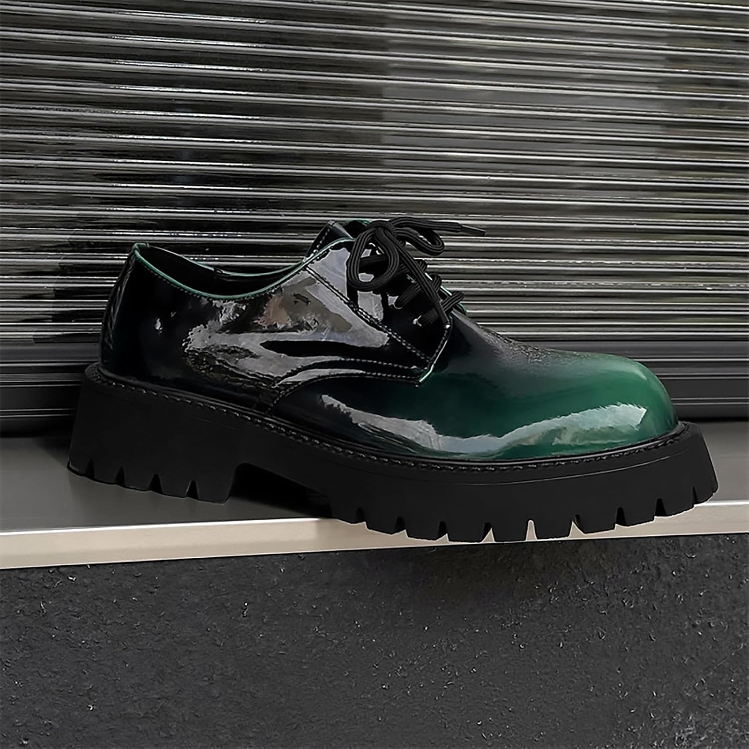 ZEDGMGEO Business Platform Oxfords for Men's Gradient Green Patent Leather Dress Shoes Lug Sole Non-Slip Comfortable Wide Toe Lace-up Work Shoes for Formal Office Casual - Image 4