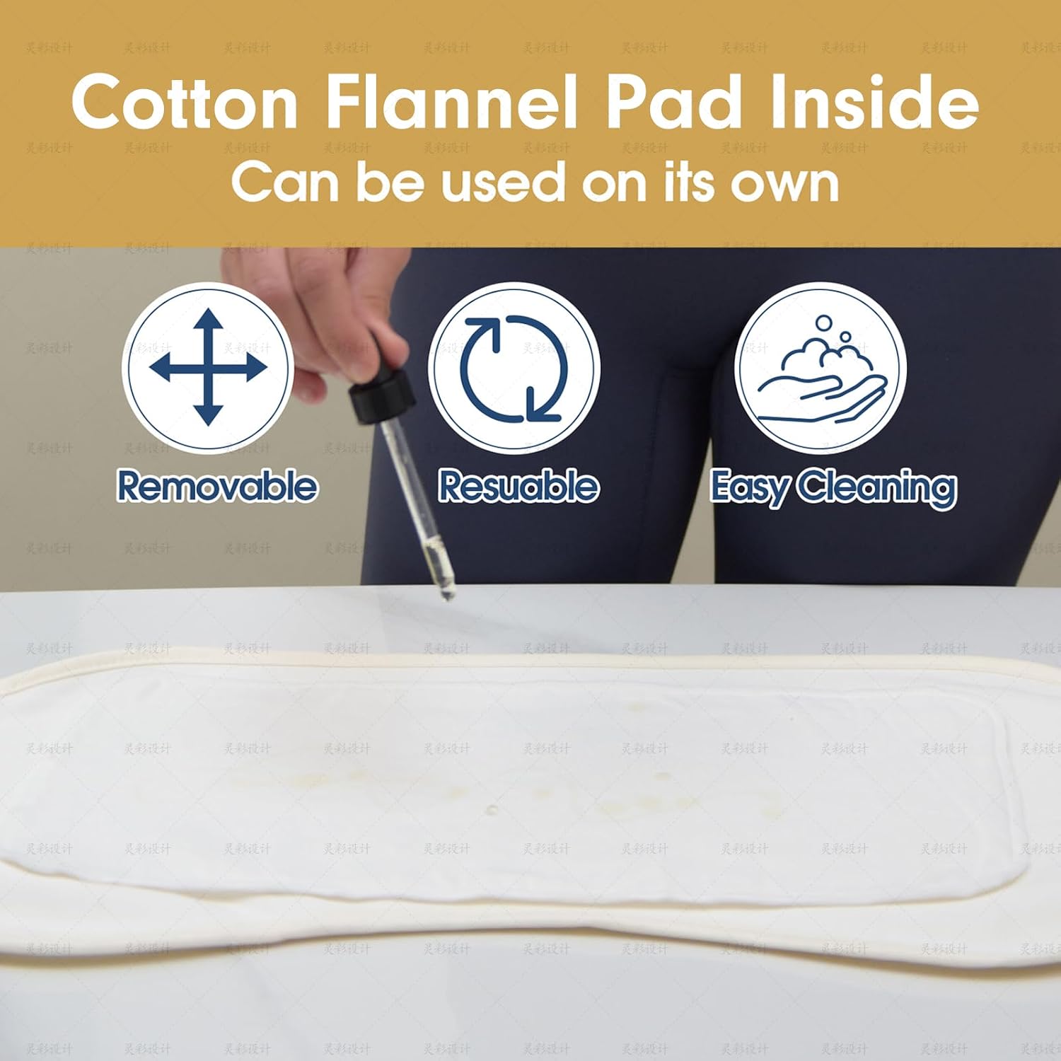 Condition photo showing New/Like New for castor oil pack wrap, comfort fit, cotton flannel pad, reusable and mess-free (castor oil not included)