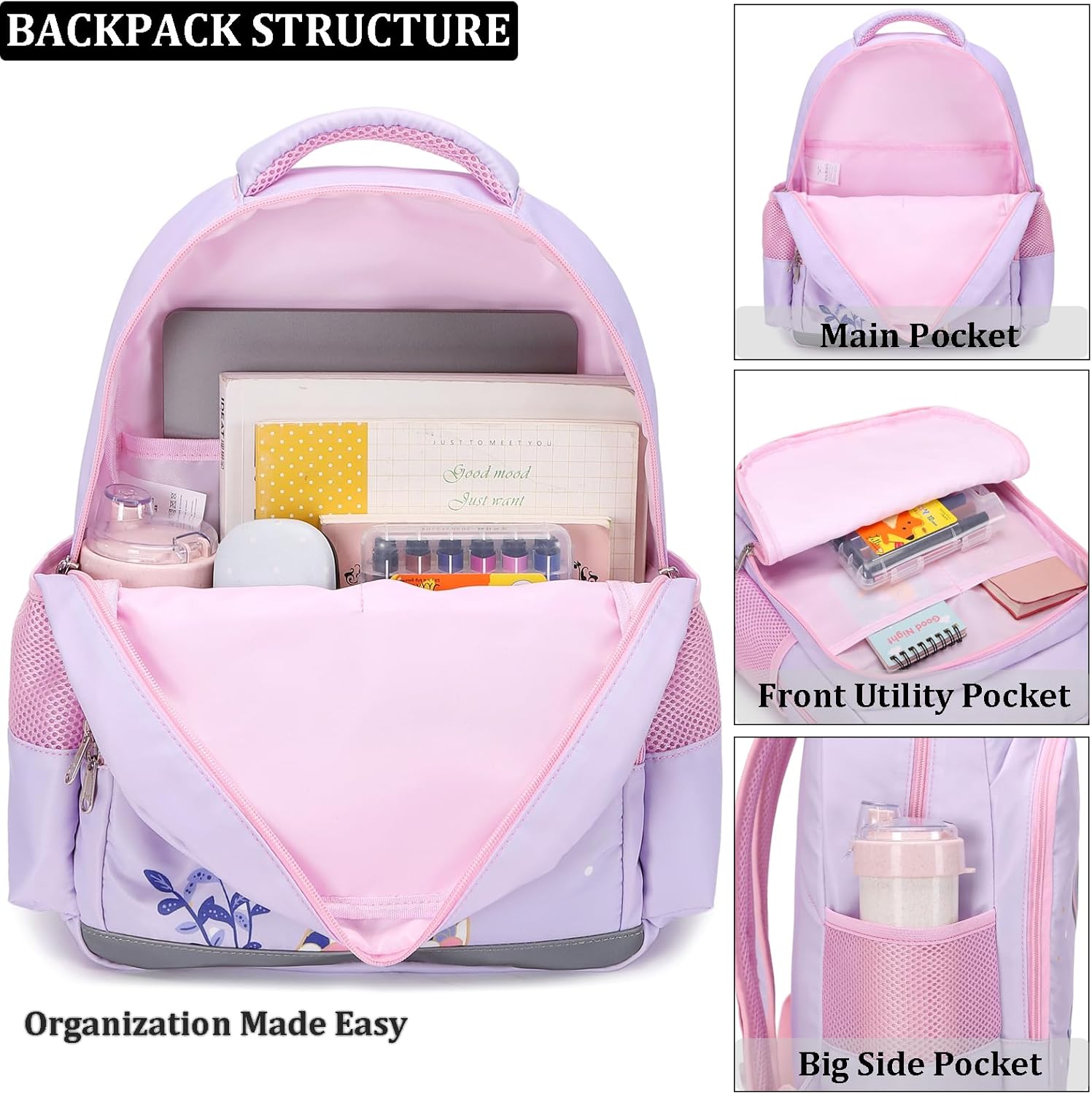 JIANYA Backpack for Girls, Preschool Kindergarten Kids School Bag Girls Backpack with Lunch Box & Chest Strap, 15" Tall - Image 3