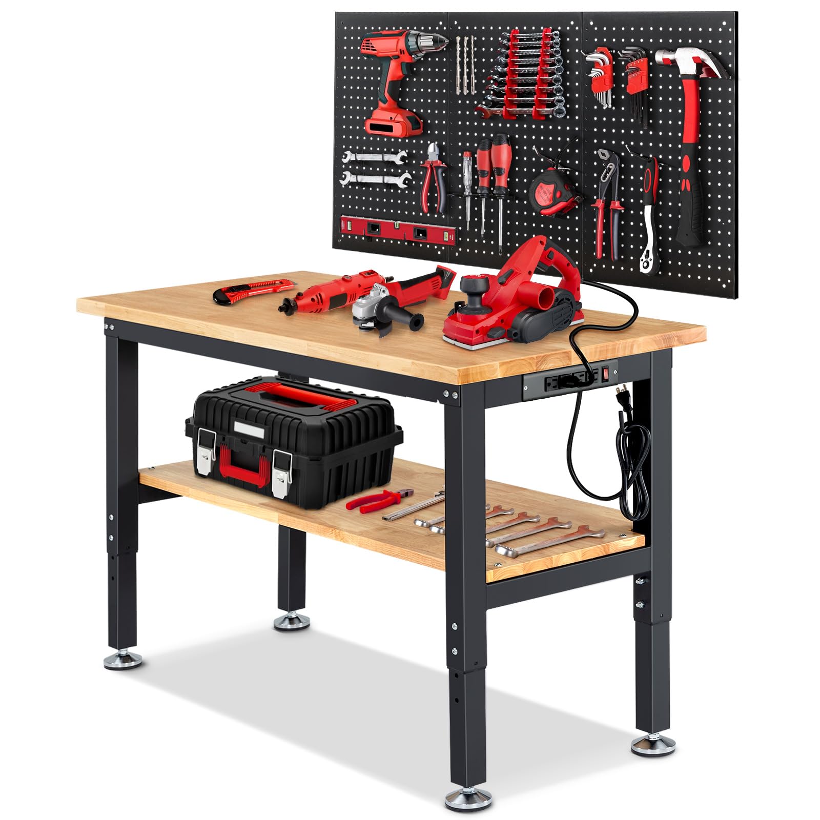 ENJOYWOOD 48x20 Adjustable Height Workbench with rubberwood top and under-table shelf.