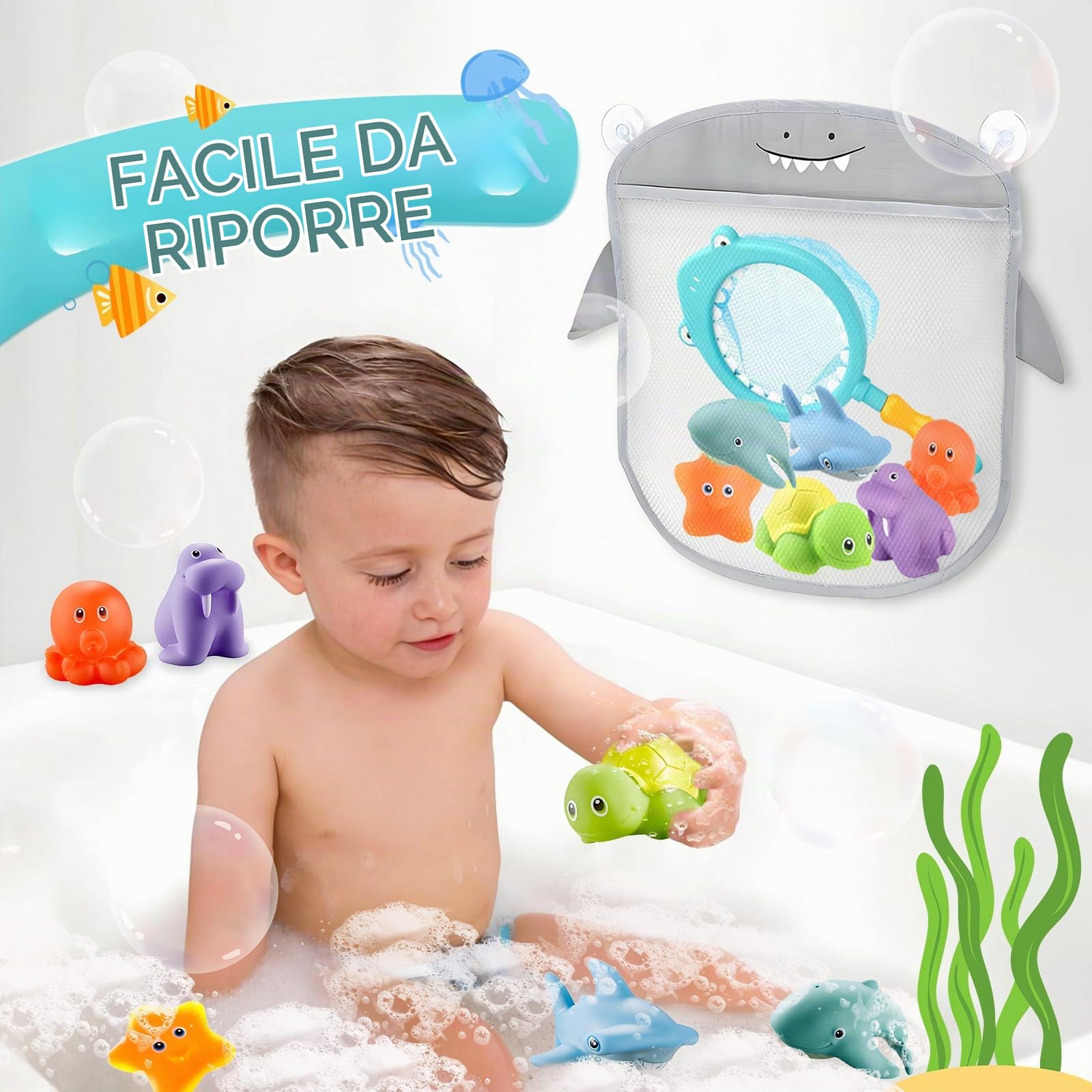 Giochi Bagnetto 8 Pezzi Giocattoli da Bagno per Bambini, Giochi Bagnetto Neonato, Giochi Vasca da Bagno Bambini Giochi Acqua Bagnetto Animali Giocattolo con Rete da Pesca e Borsa Portaoggetti