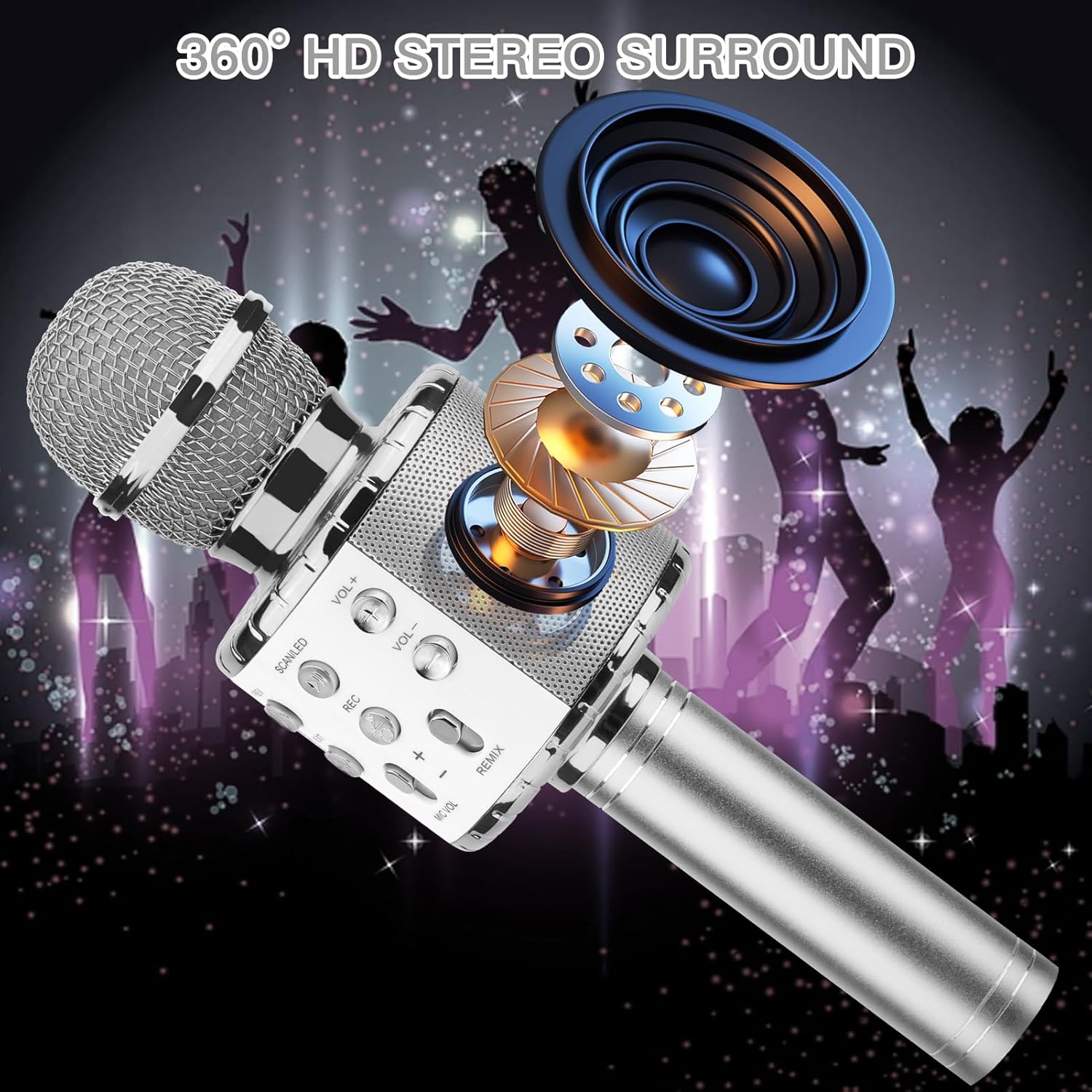 ShinePick Karaoke Microphone, 4 in 1 Wireless Microphone with LED Lights Handheld Portable Karaoke Machine, Home KTV Player, Compatible with Android & iOS Devices (Silver) - Image 5