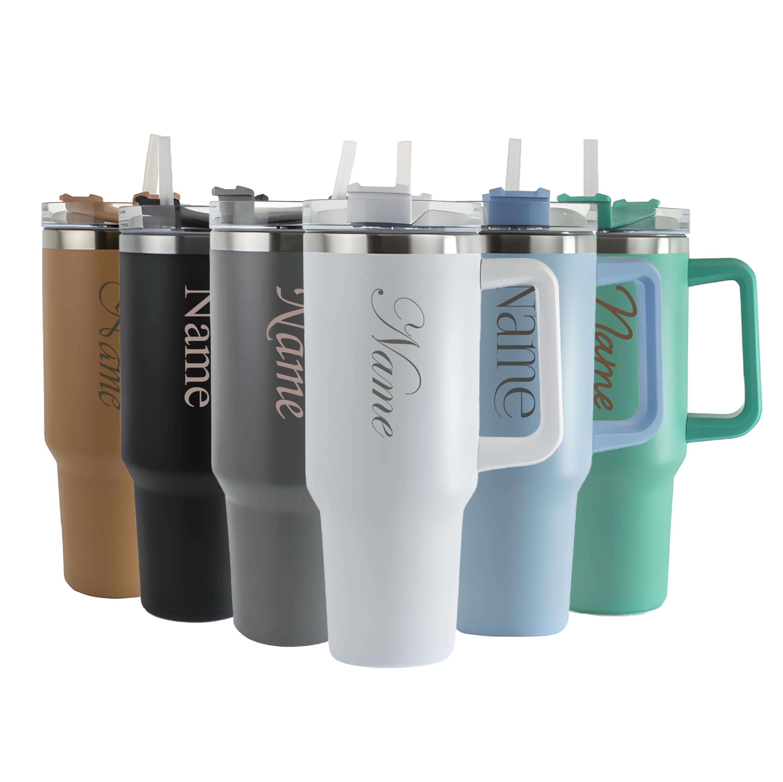 Personalised Engraved Thermal Tumbler, 40oz/1135ml Insulated Travel Cup, Large White Travel Coffee Mug, Customise with Any Name and Font, Stainless Steel, Straw and Handle