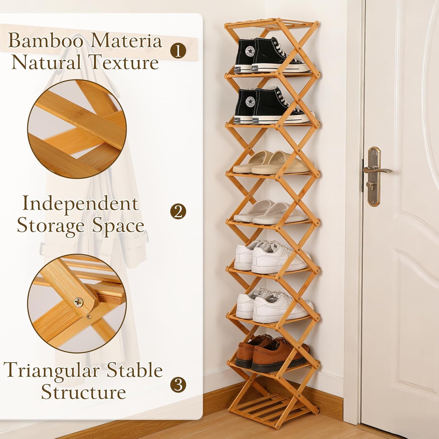 Foldable Shoe Rack, Tier No-Assembly Bamboo Rack, 2026 New Portable Bamboo Corner Shoe Rack, Multifunctional Narrow Shoe Shelf for Entryway, Closet, Corner, Bedroom (9 Layers)