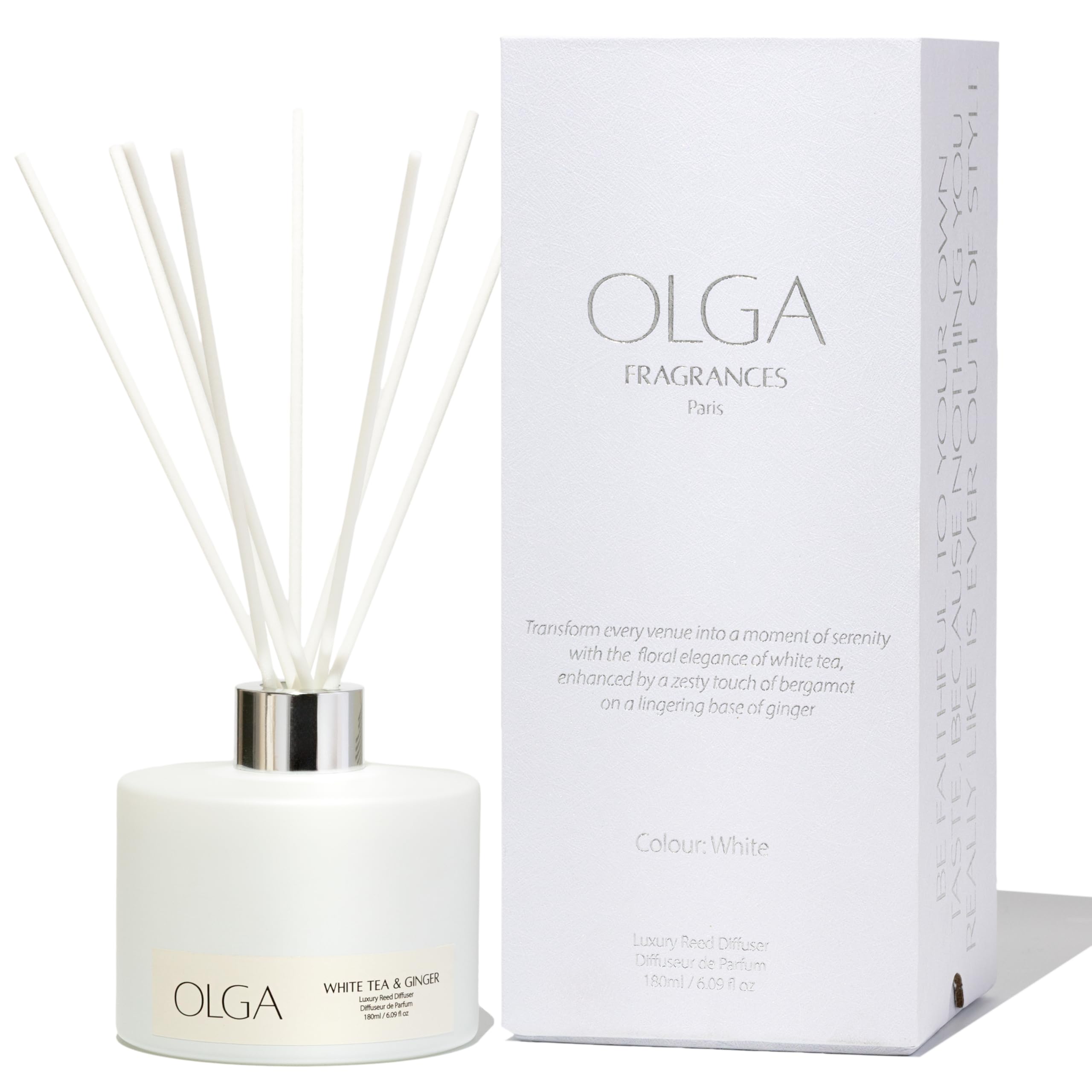 Olga White Reed Diffuser - Limited Edition - 180Ml Tea & Ginger Reed Diffusers For Home With 8 Premium Diffuser Sticks - Large Room Strong Fragrance Aromatherapy Gift Set - Up To 90 Days