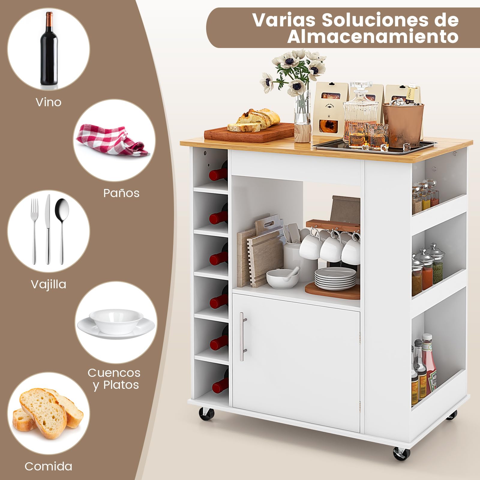COSTWAY Carro Isla de Cocina con Toallero, Isla de Cocina sobre Ruedas con Tapa de Bambú, Estantes Ajustables para 6 Botellas de Vino, Estante para Especias para Comedor (Blanco)